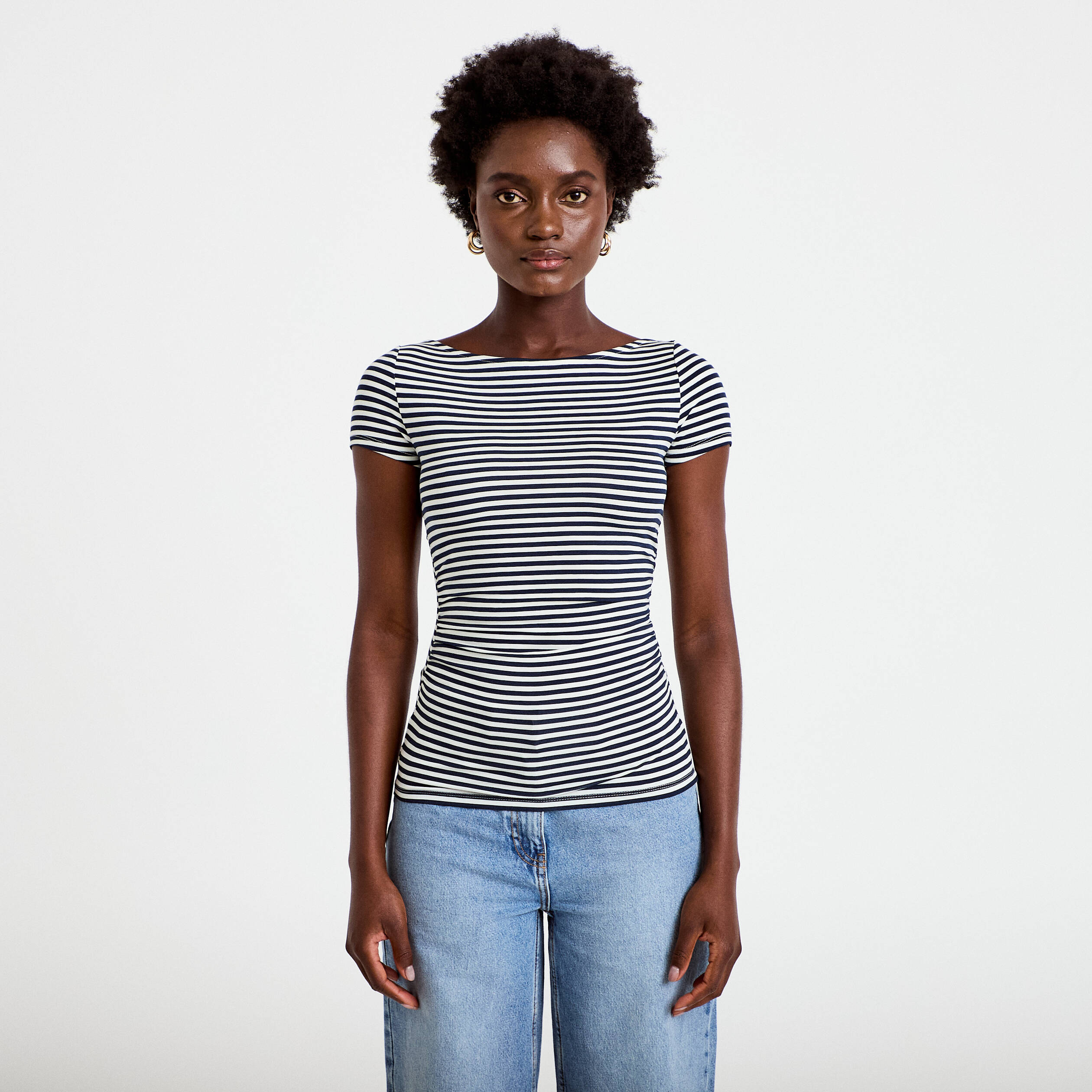 Top ajust&eacute; col bateau manches courtes blanc femme