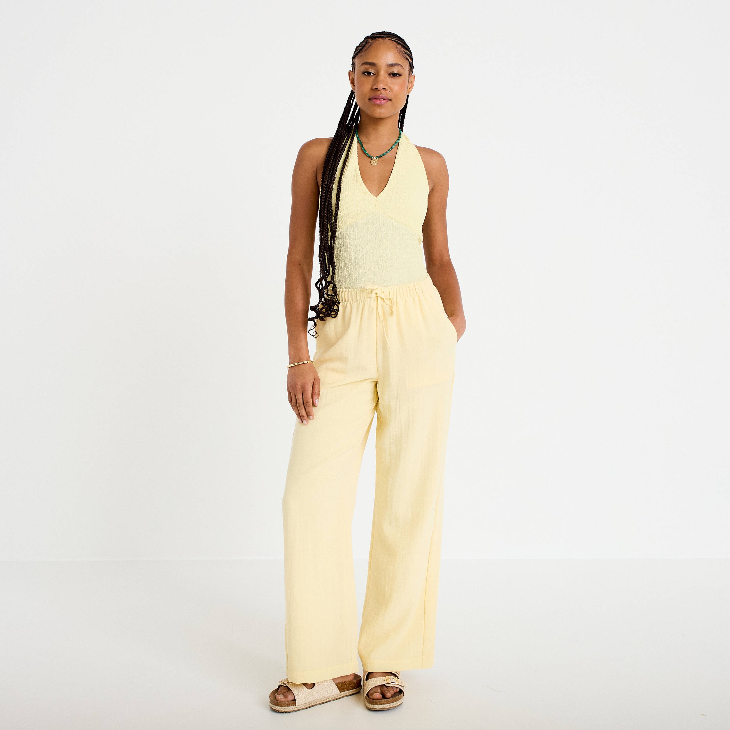 Pantalon large fluide taille &eacute;lastiqu&eacute;e jaune pastel femme