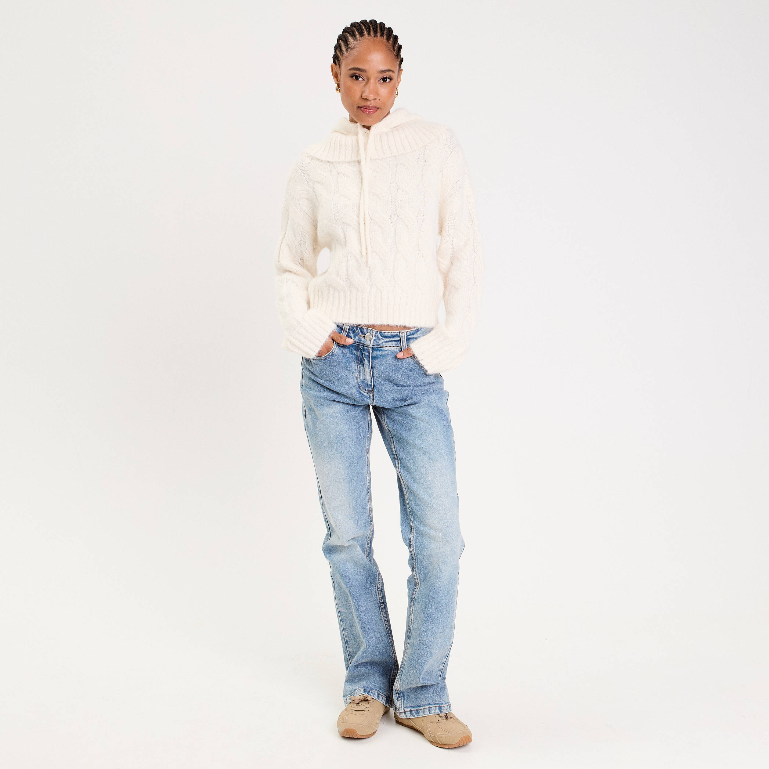 Pull 2-en-1 &agrave; capuche amovible ecru femme