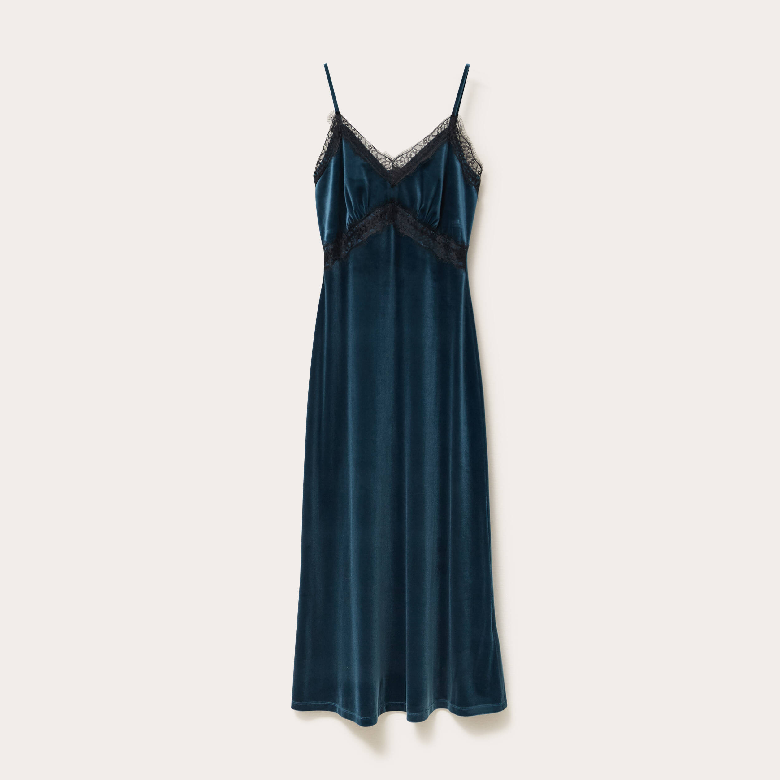 Robe longue en velours d&eacute;tails dentelle bleu canard femme