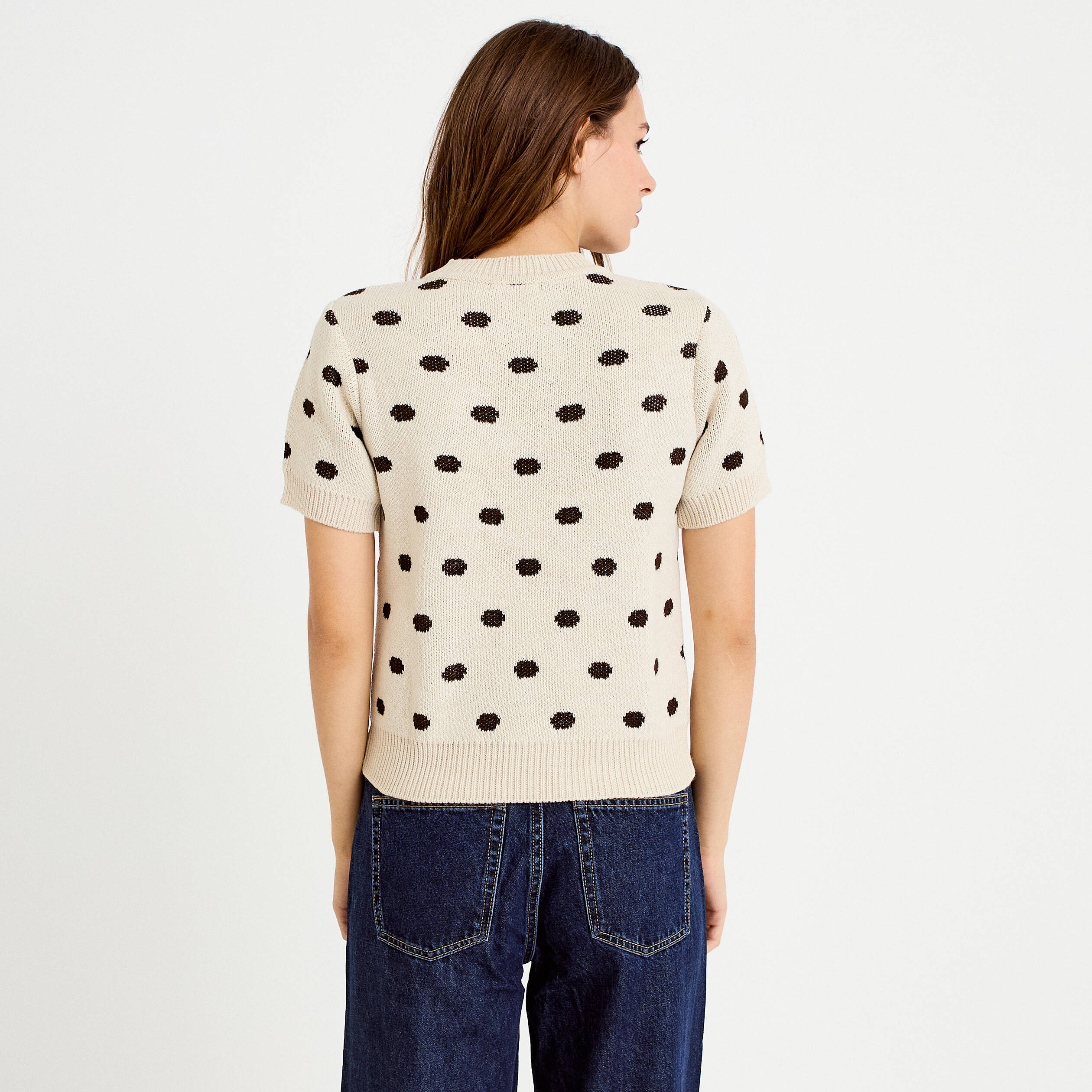 Pull cintr&eacute; col rond manches courtes ecru femme