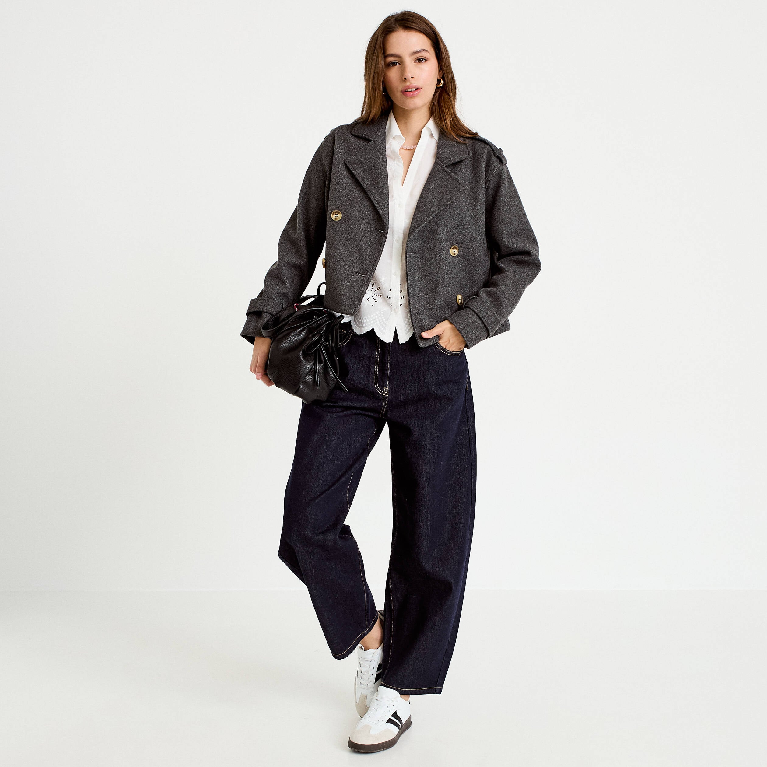 Trench droit court col tailleur gris femme