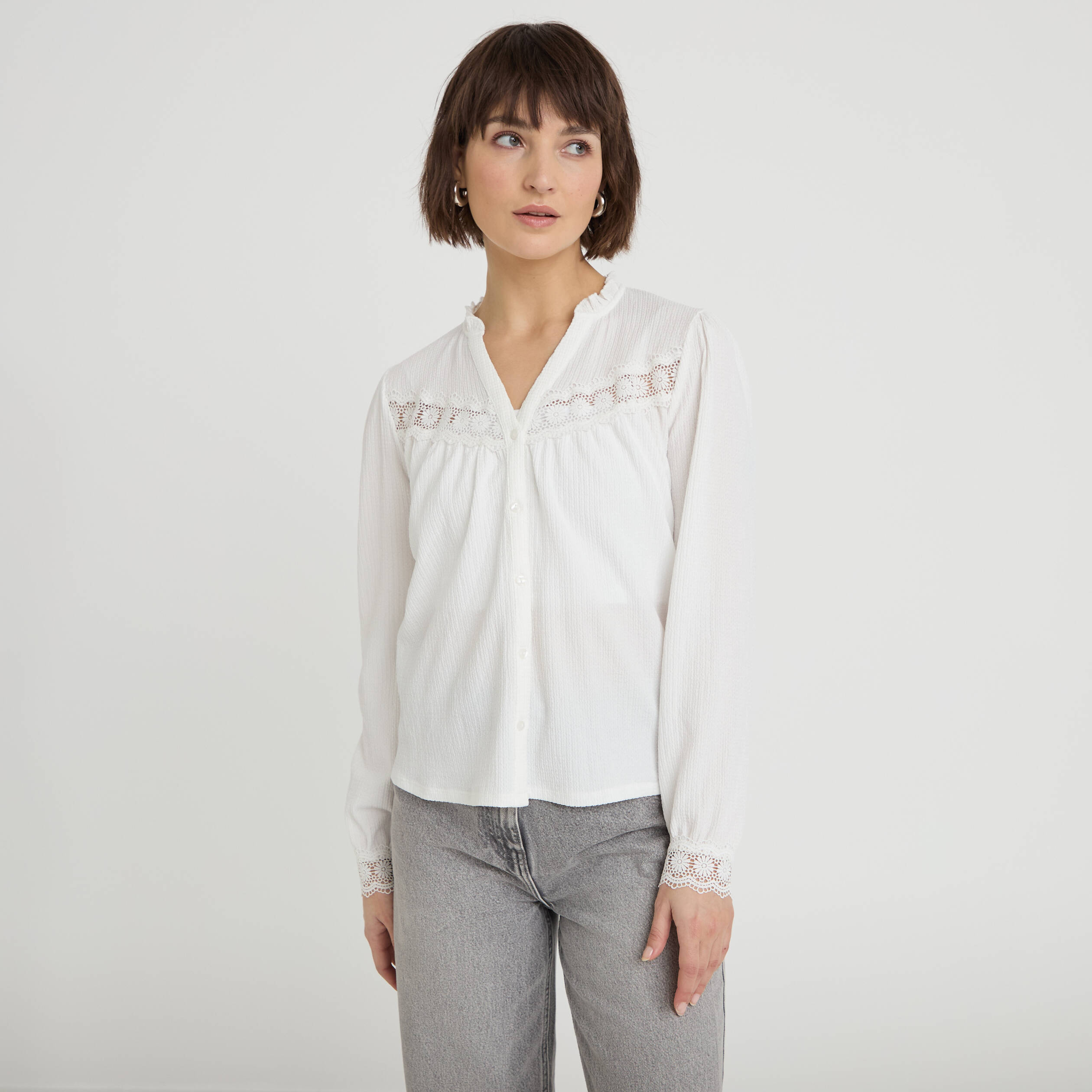 Blouse maille relief&eacute;e blanc femme