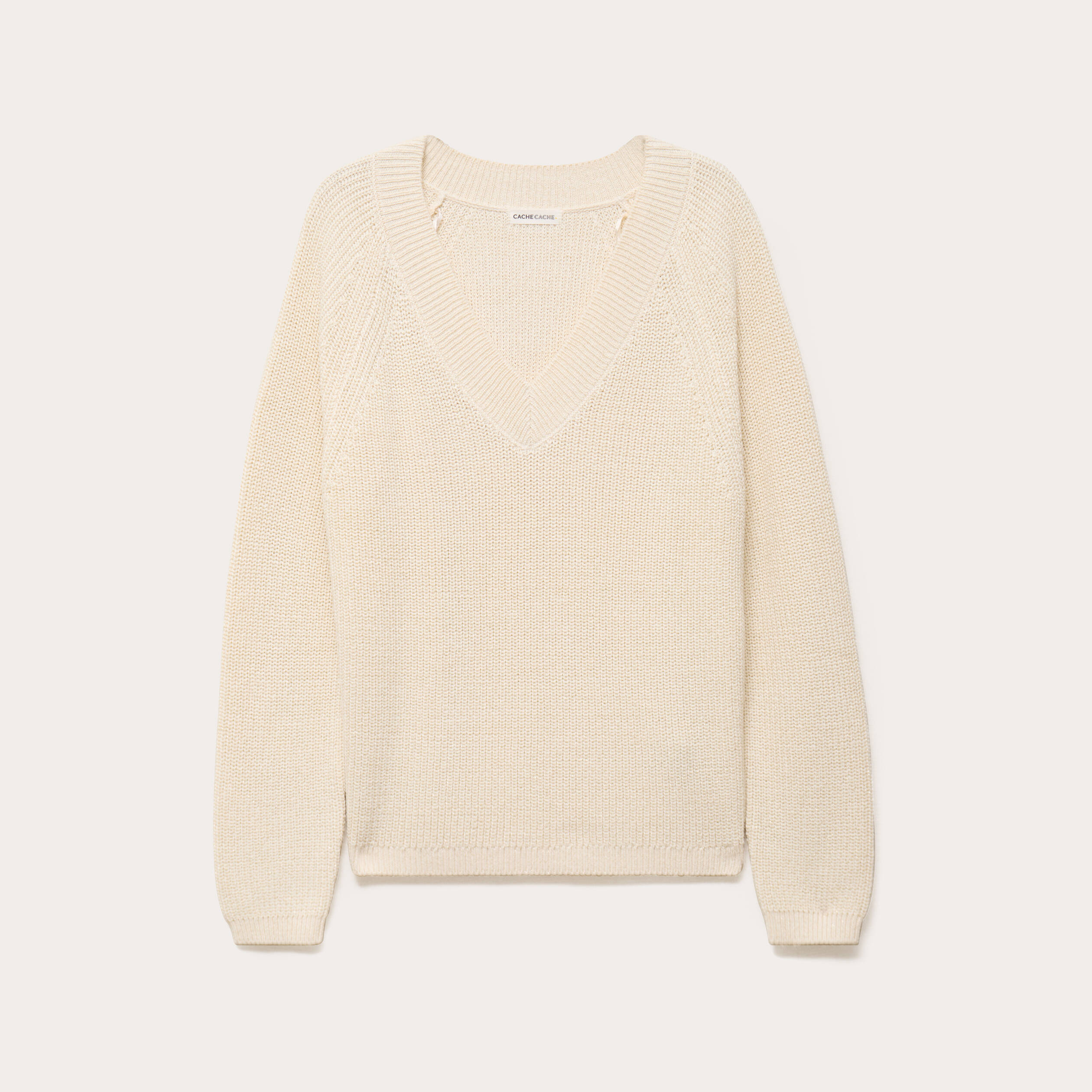 Pull col v manches longues ivoire femme