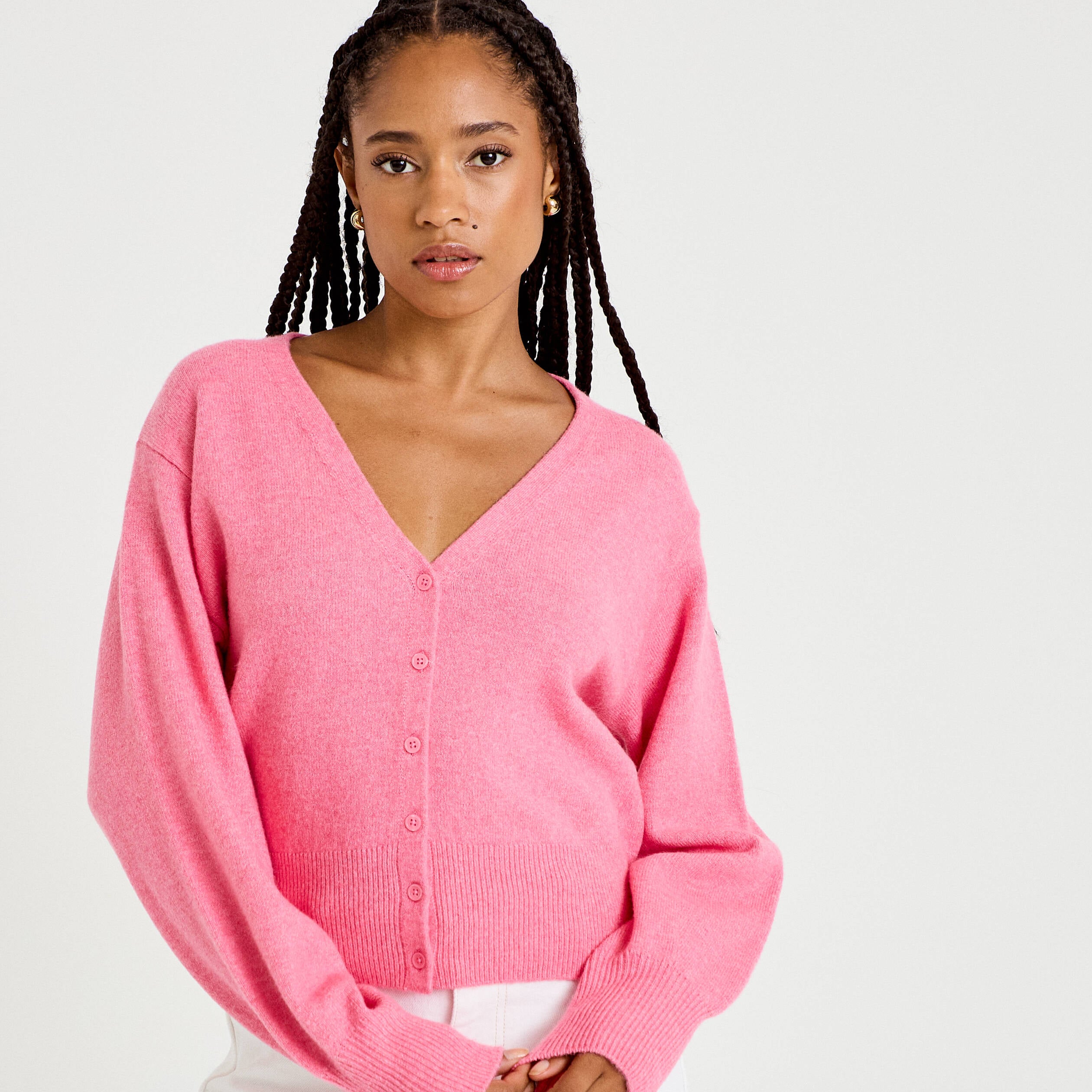Gilet col v manches longues rose vif femme