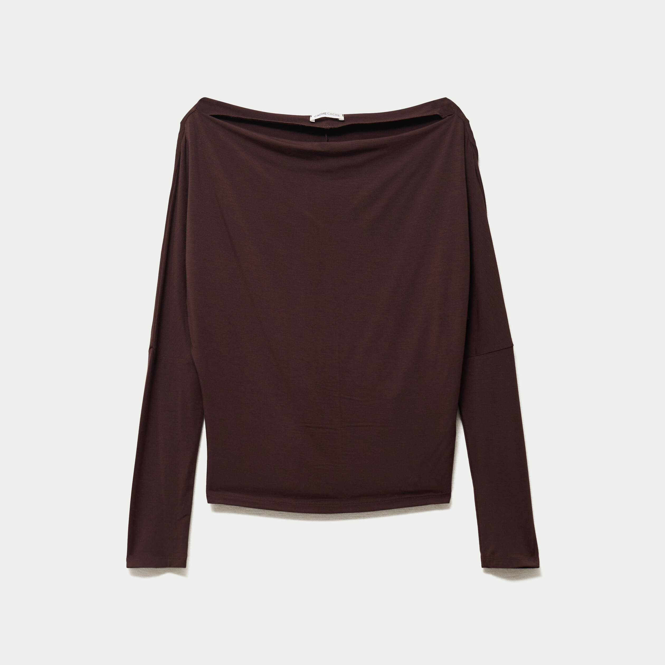 T-shirt col bateau manches longues marron fonc&eacute; femme
