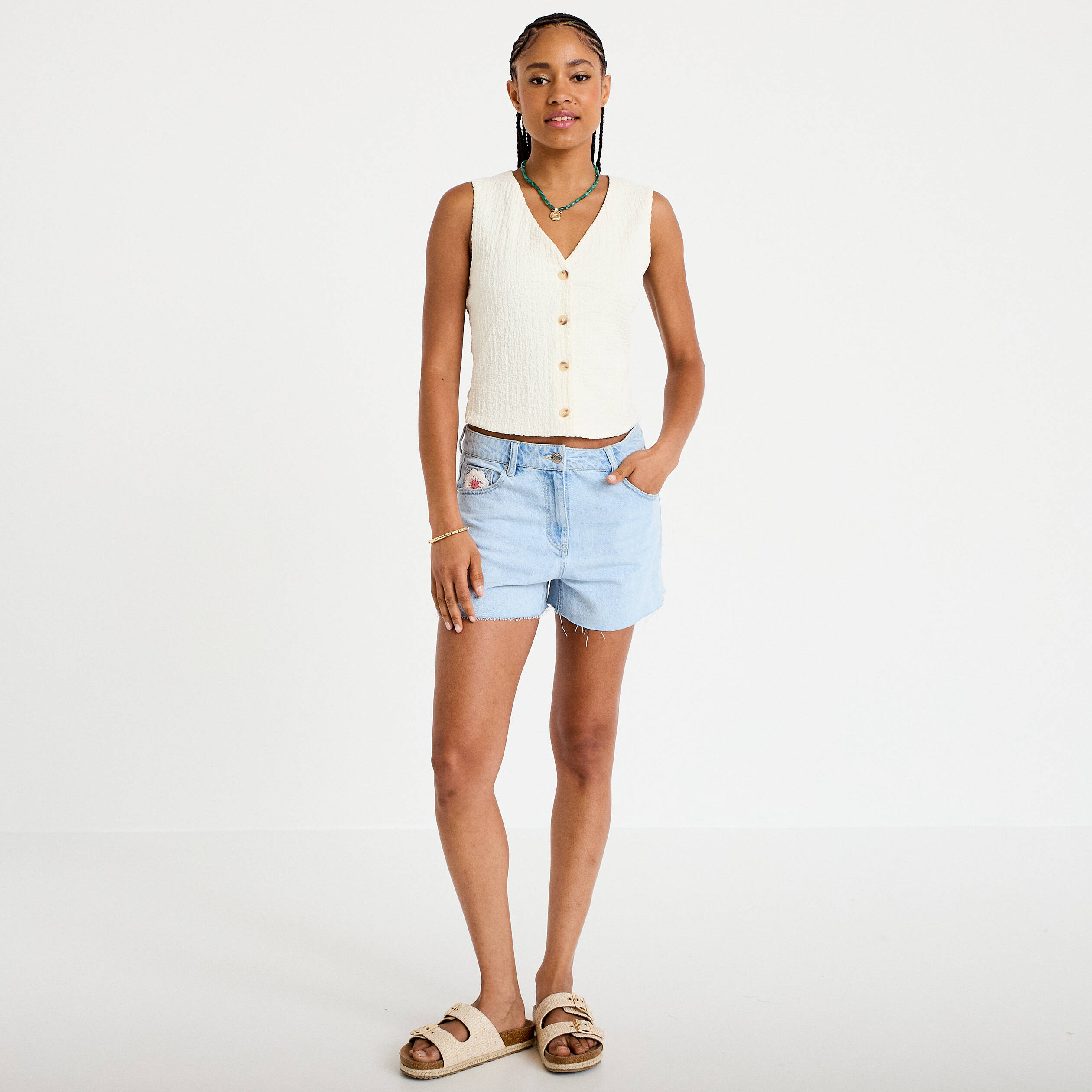 Gilet sans manches col v ecru femme