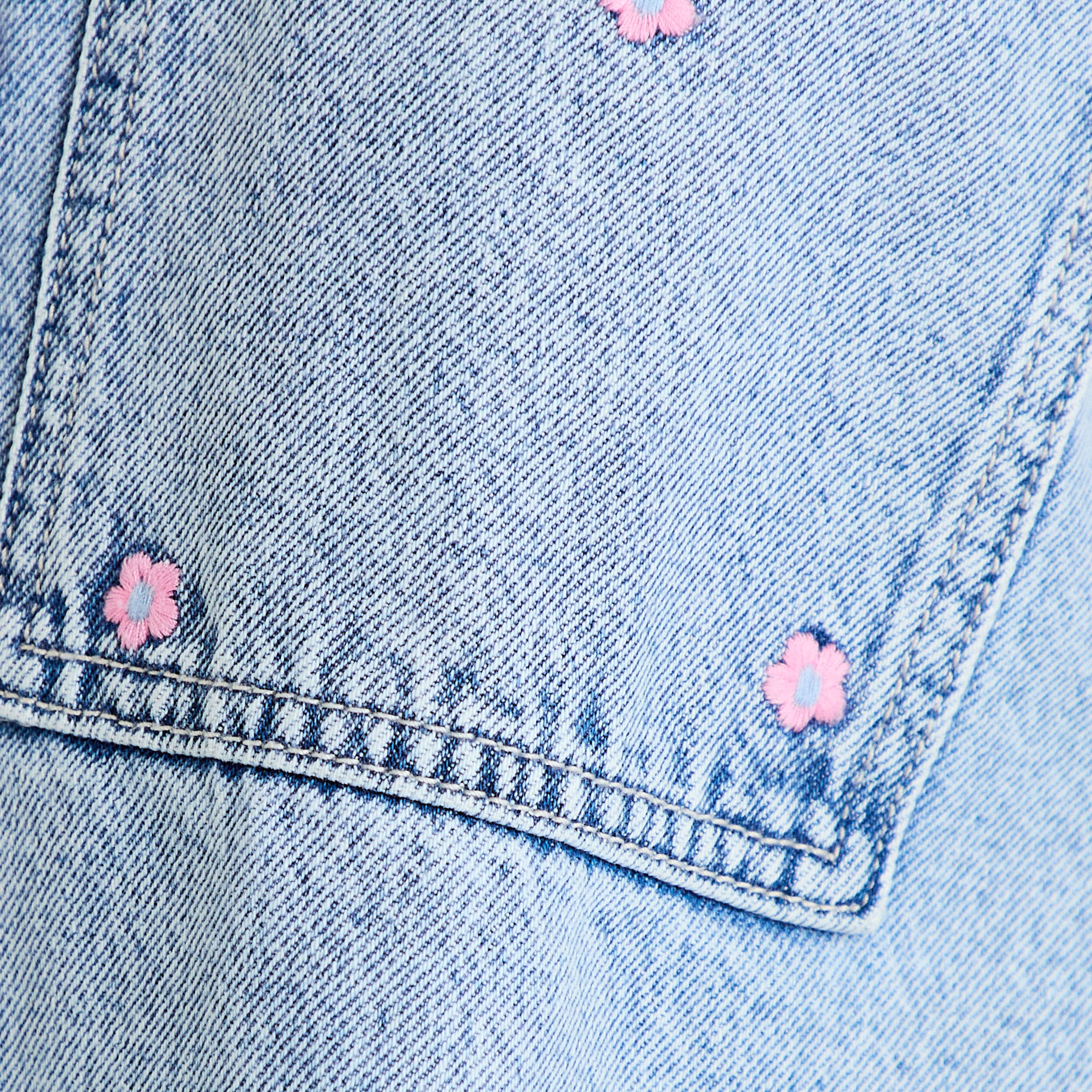 Surchemise denim broderies fleurs bleu fonc&eacute; femme