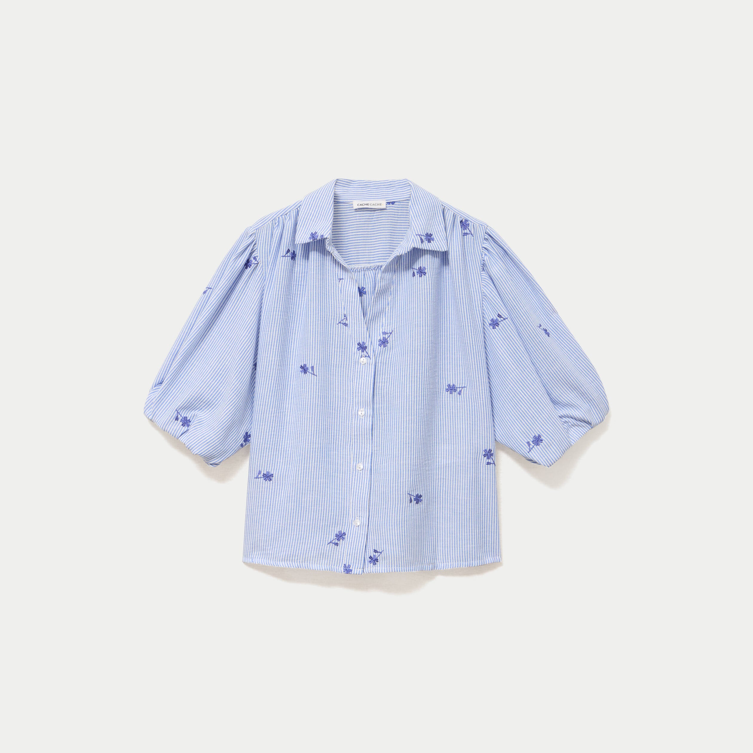 Chemise droite col classique manches 3/4 bleu clair femme