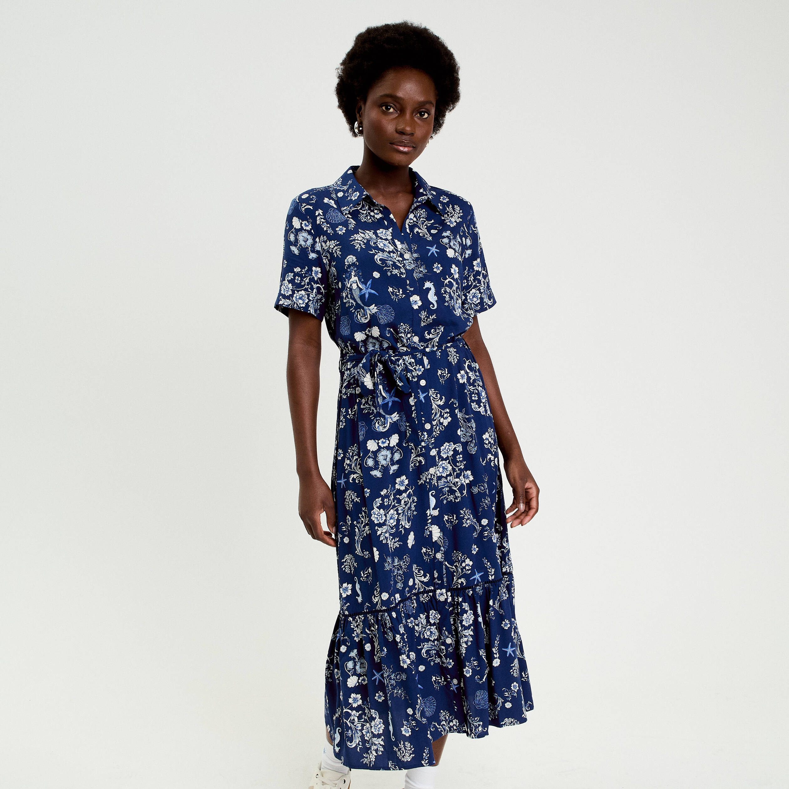 Robe longue col chemise bleu marine femme