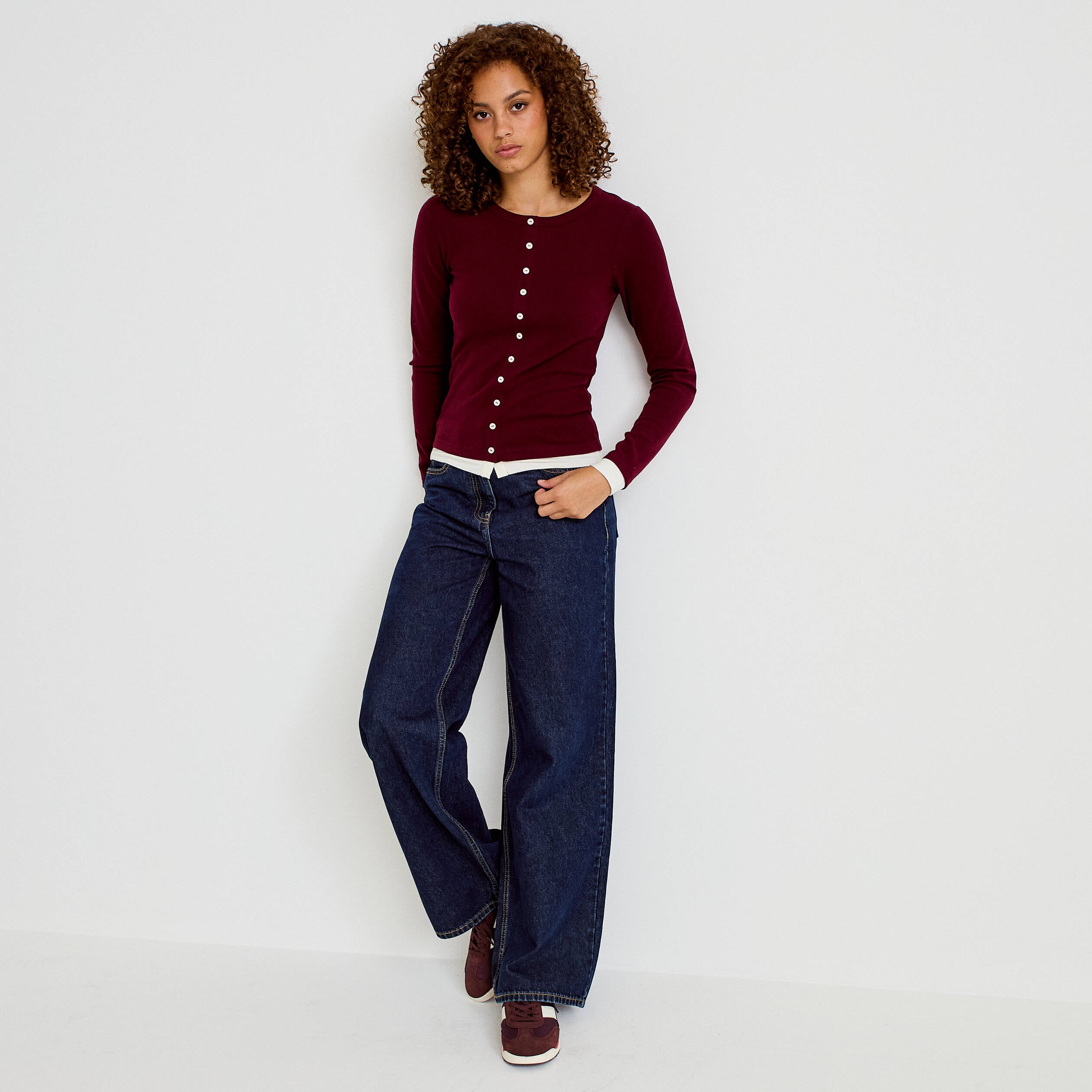 Top col rond manches longues bordeaux femme