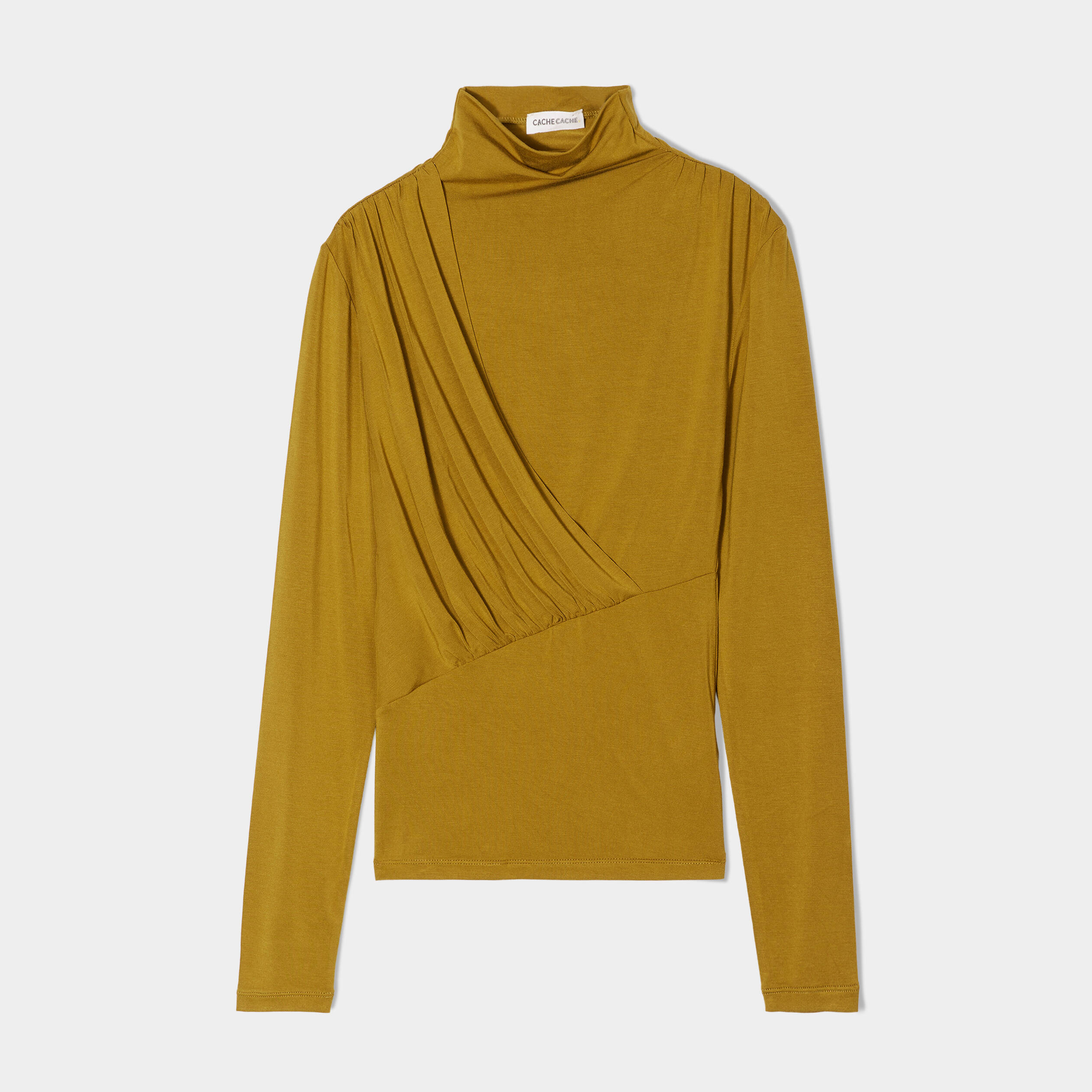 T-shirt drap&eacute; col montant jaune fonc&eacute; femme