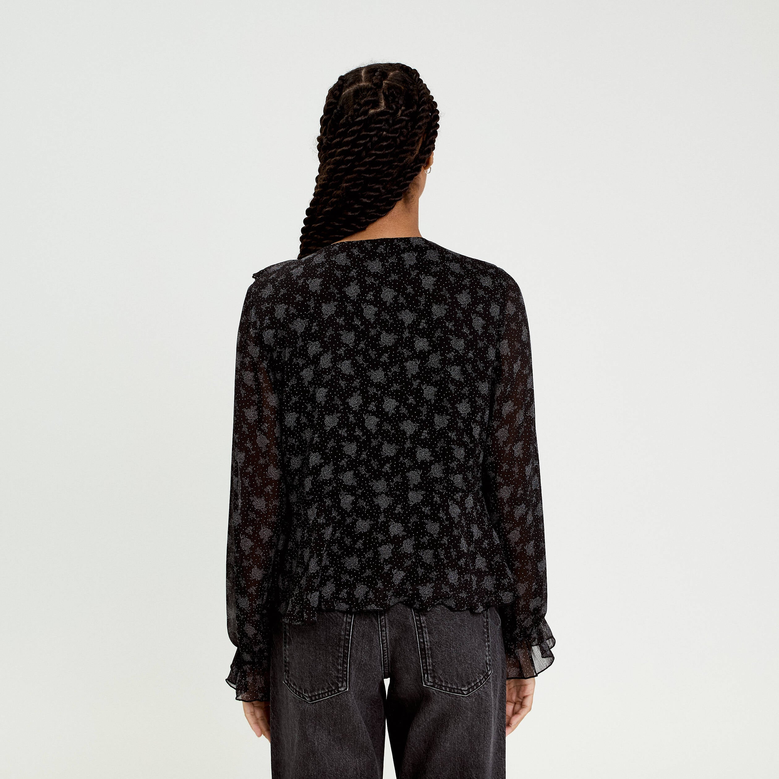 Blouse droite courte manches longues noir femme