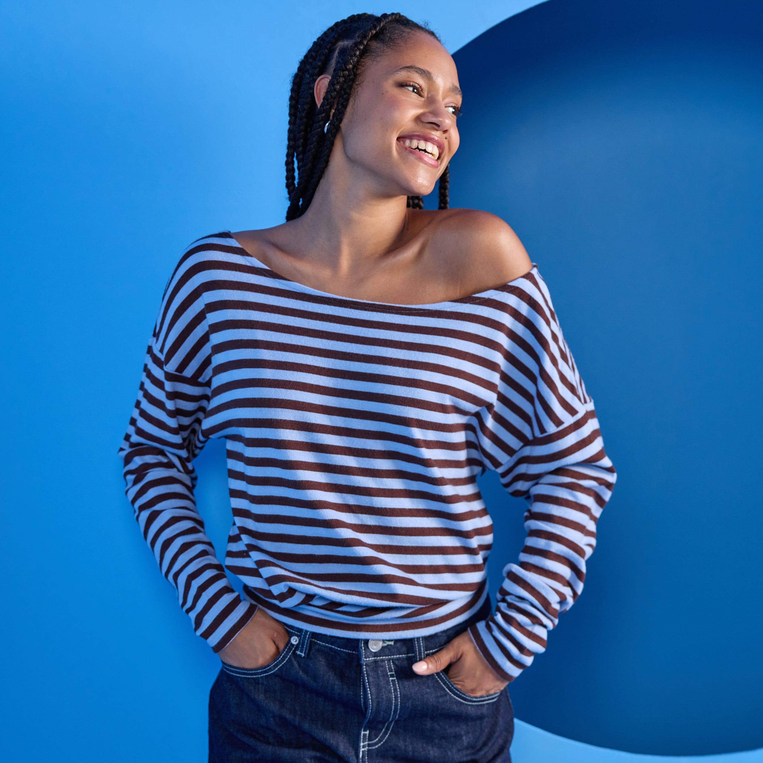 Pull col bateau manches longues bleu femme