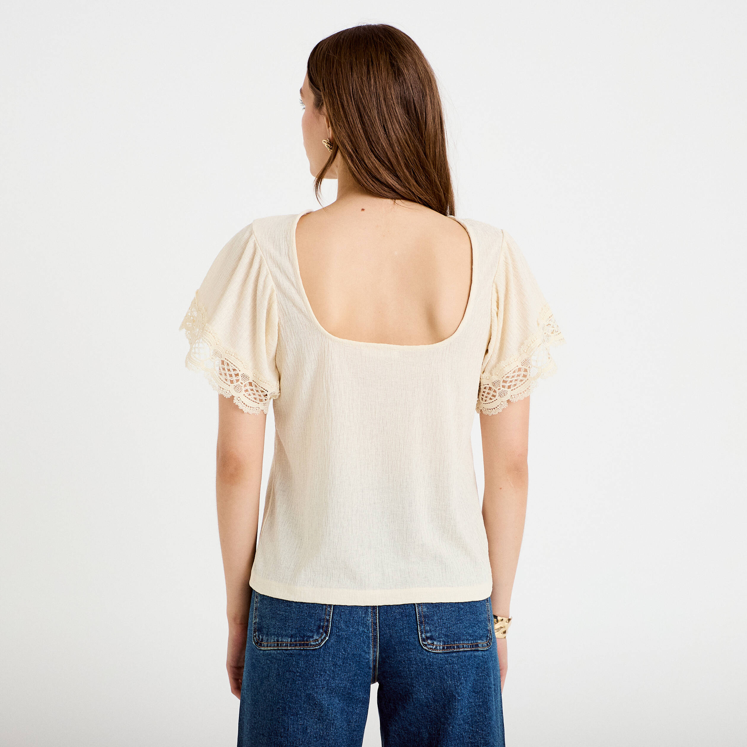 T-shirt col rond manches courtes ecru femme