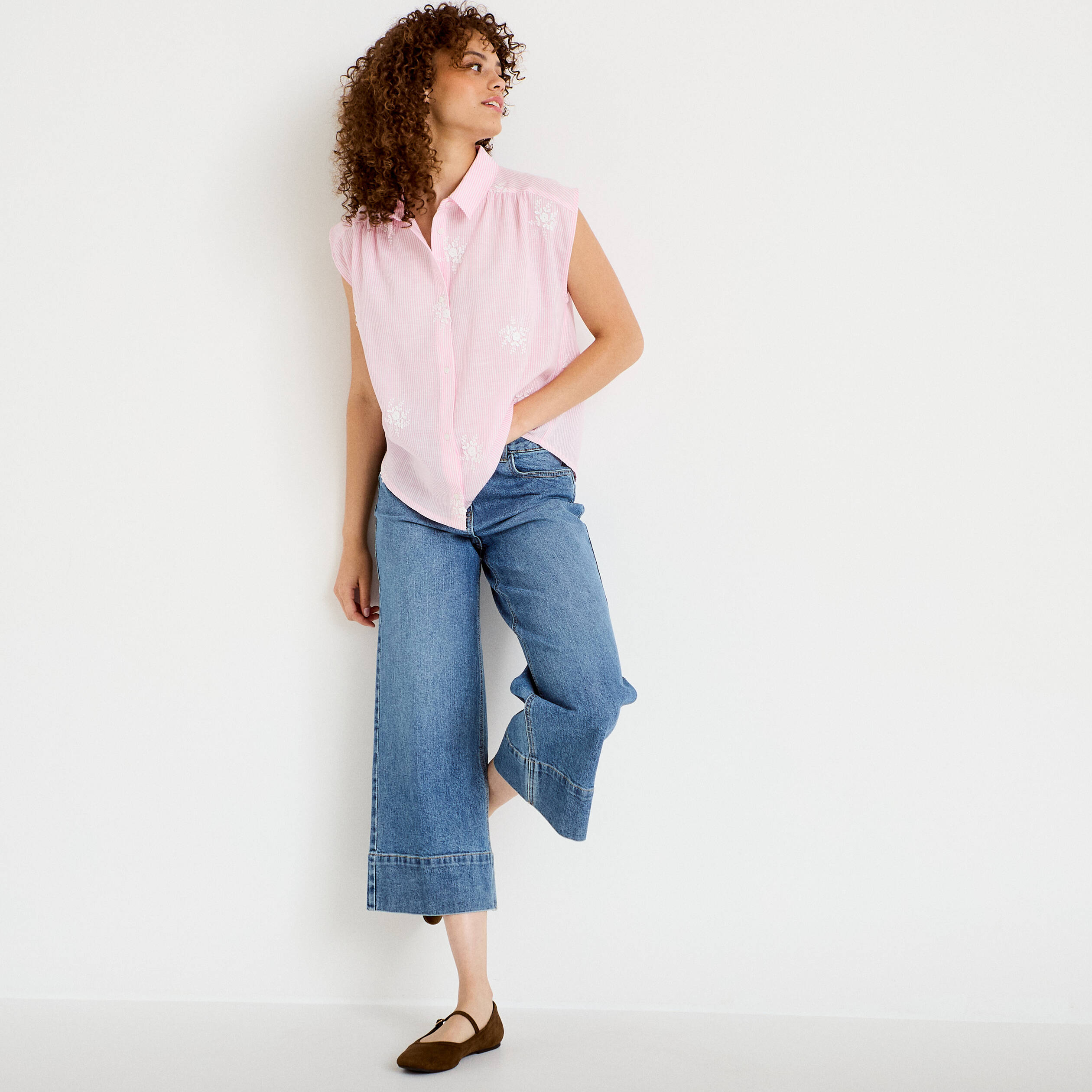 Chemise sans manches col classique rose femme