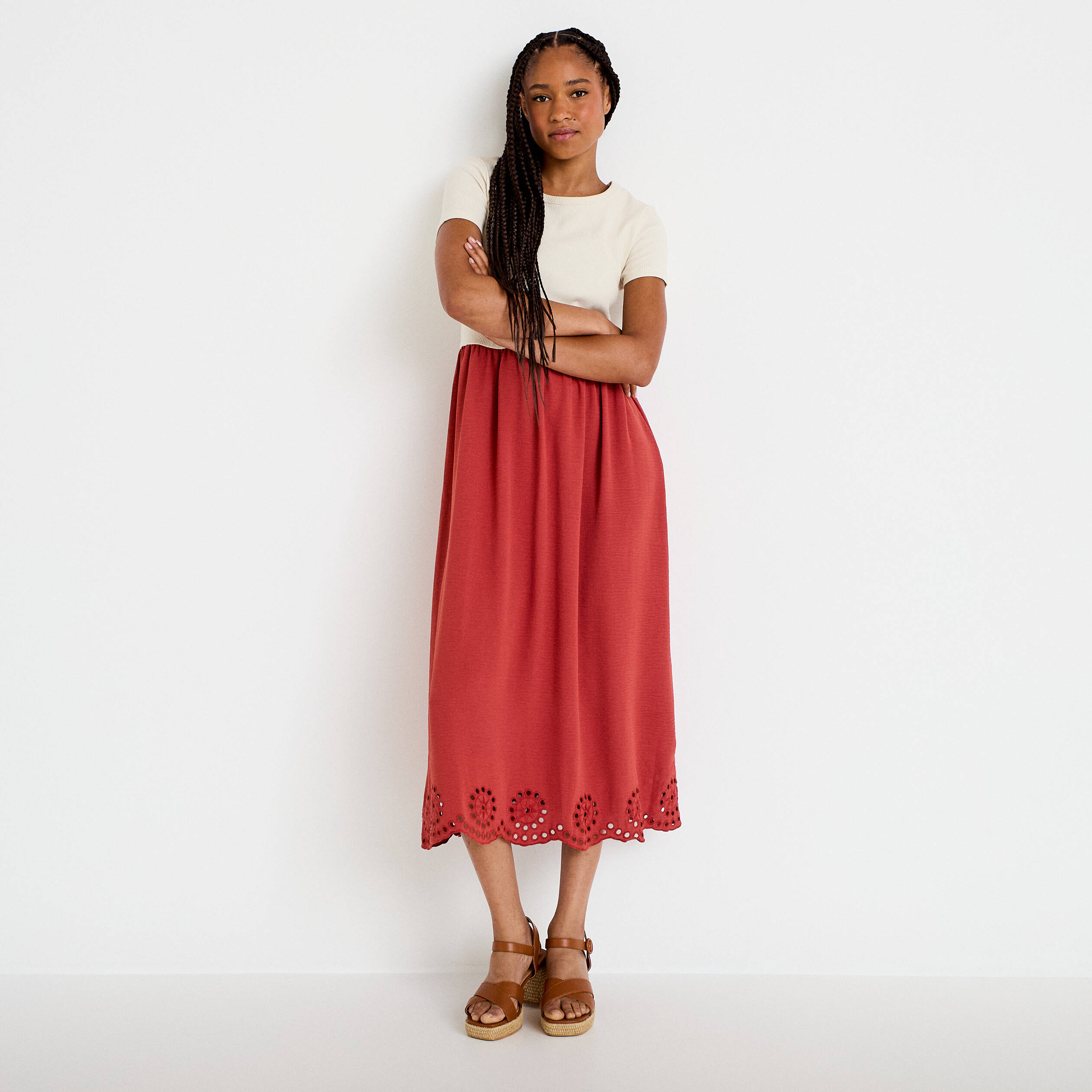 Robe longue &eacute;vas&eacute;e bi-mati&egrave;re brod&eacute;e vieux rose femme