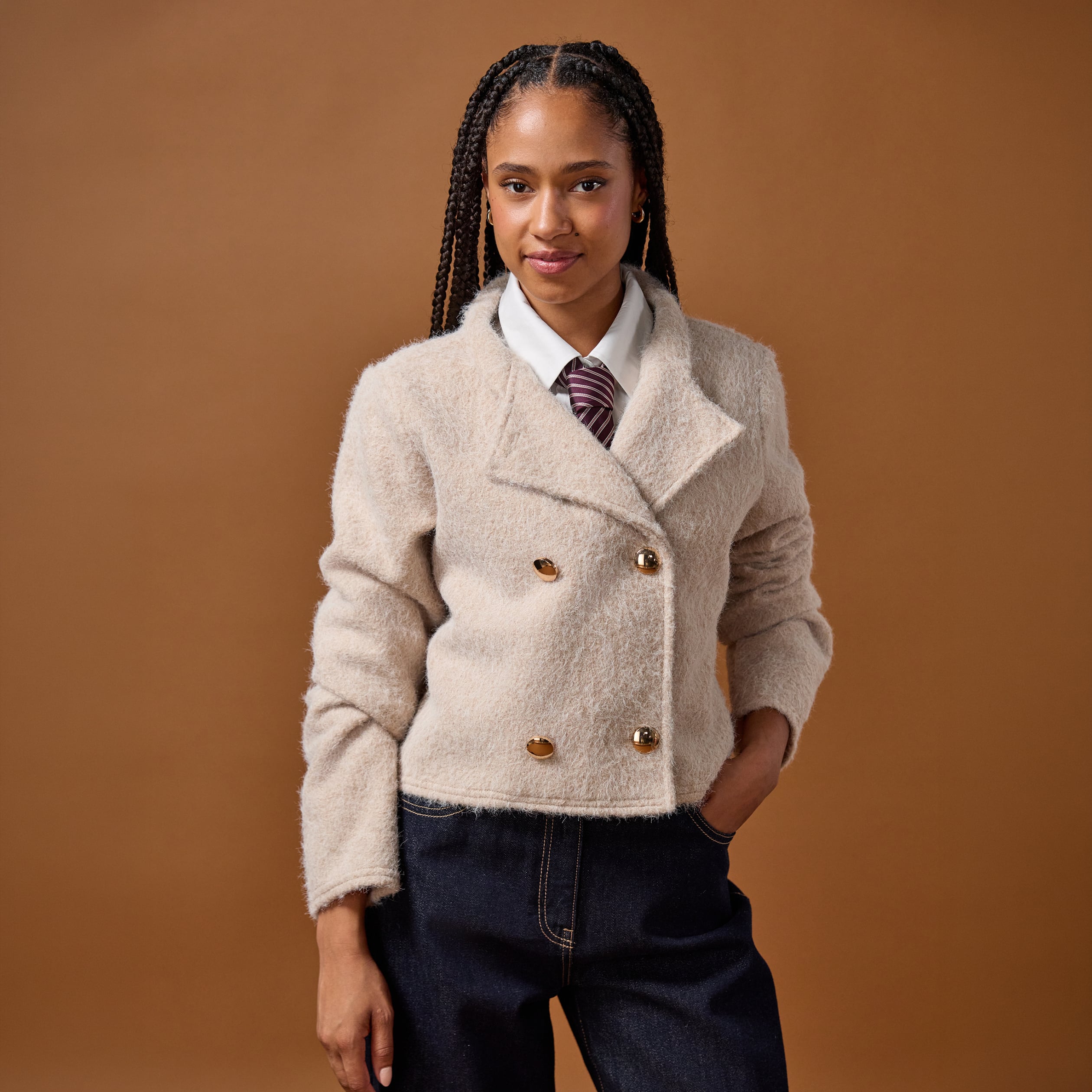 Veste droite cropped effet polaire ivoire femme