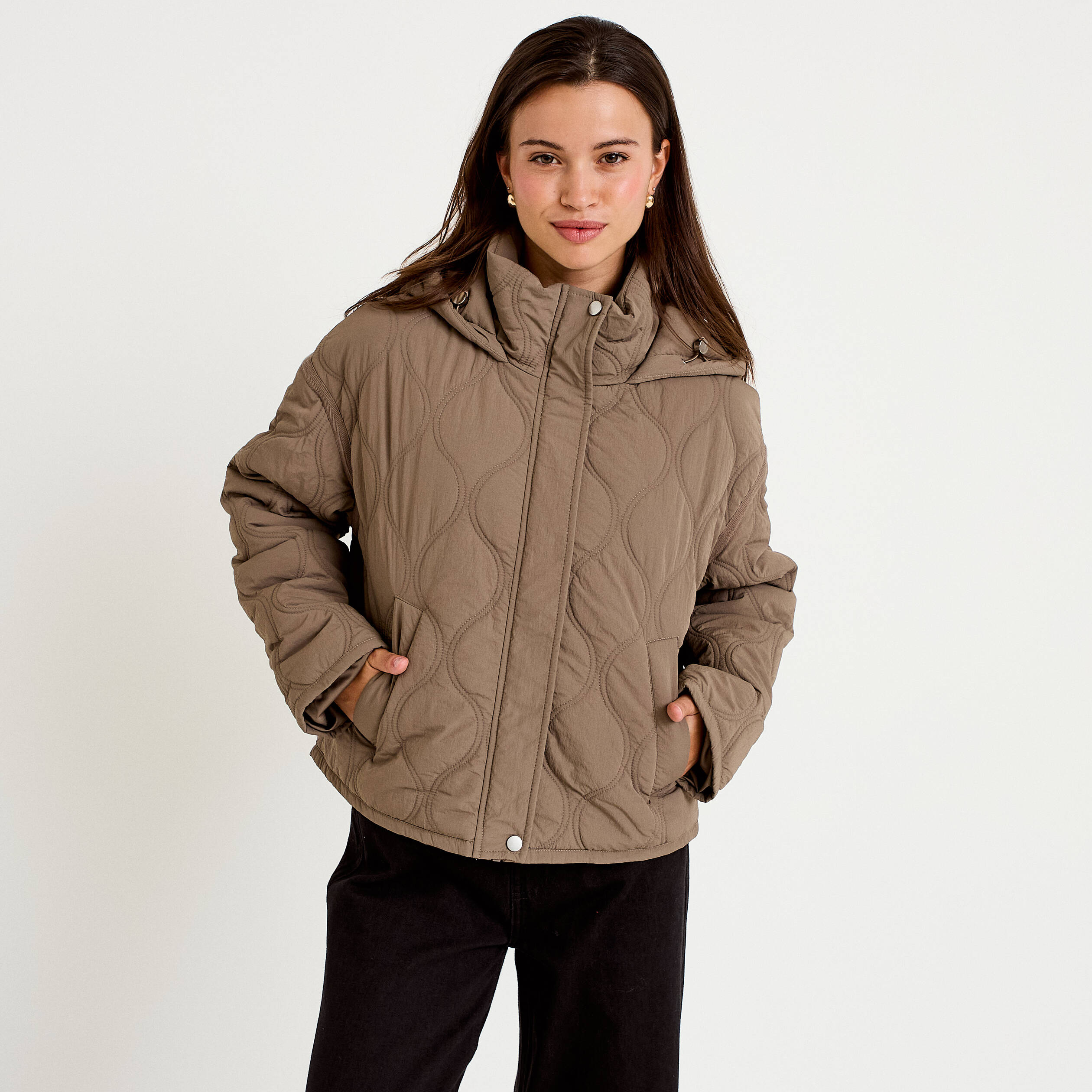 Veste droite &agrave; capuche manches longues taupe femme