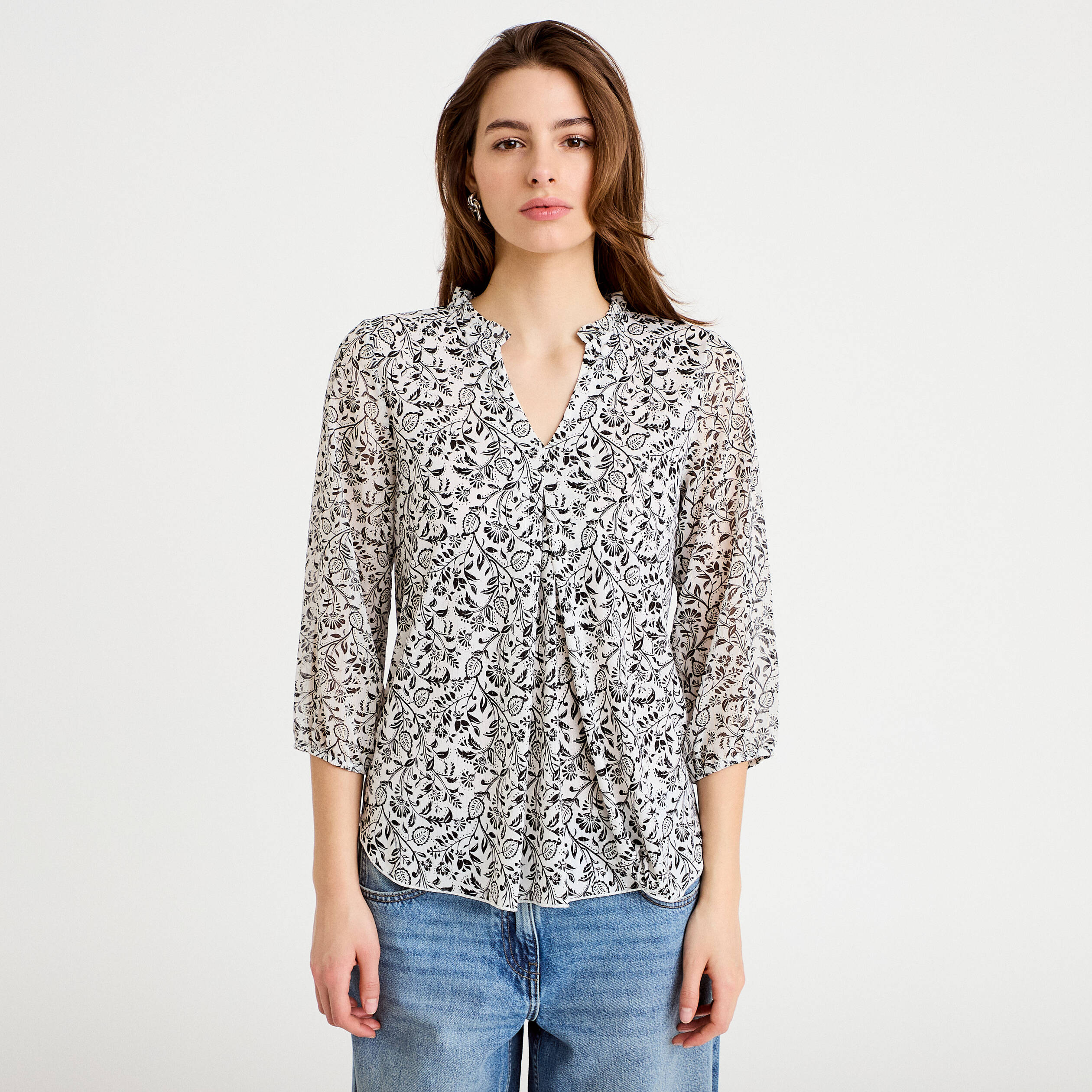 Blouse col v manches 3/4 blanc femme