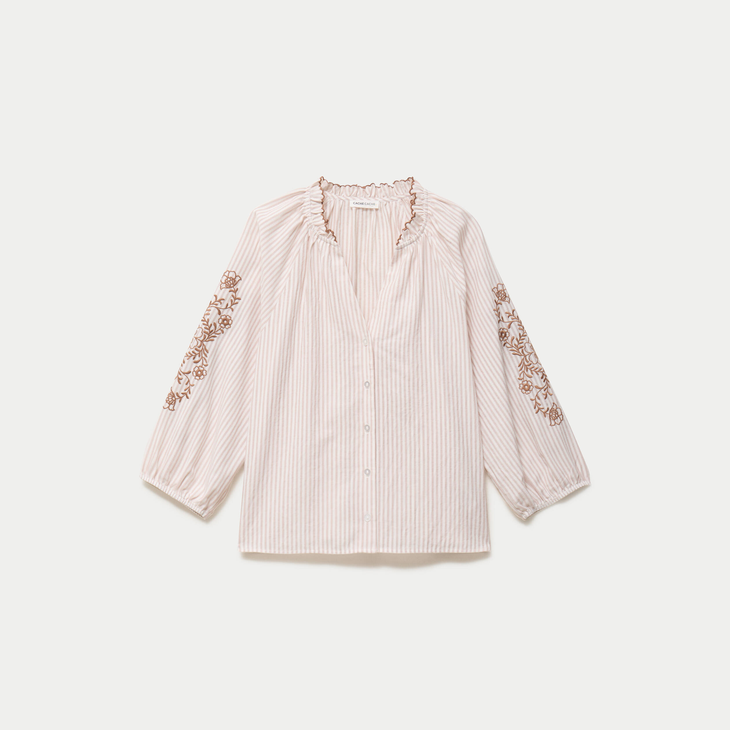 Blouse col v broderie manches 3/4 sable femme