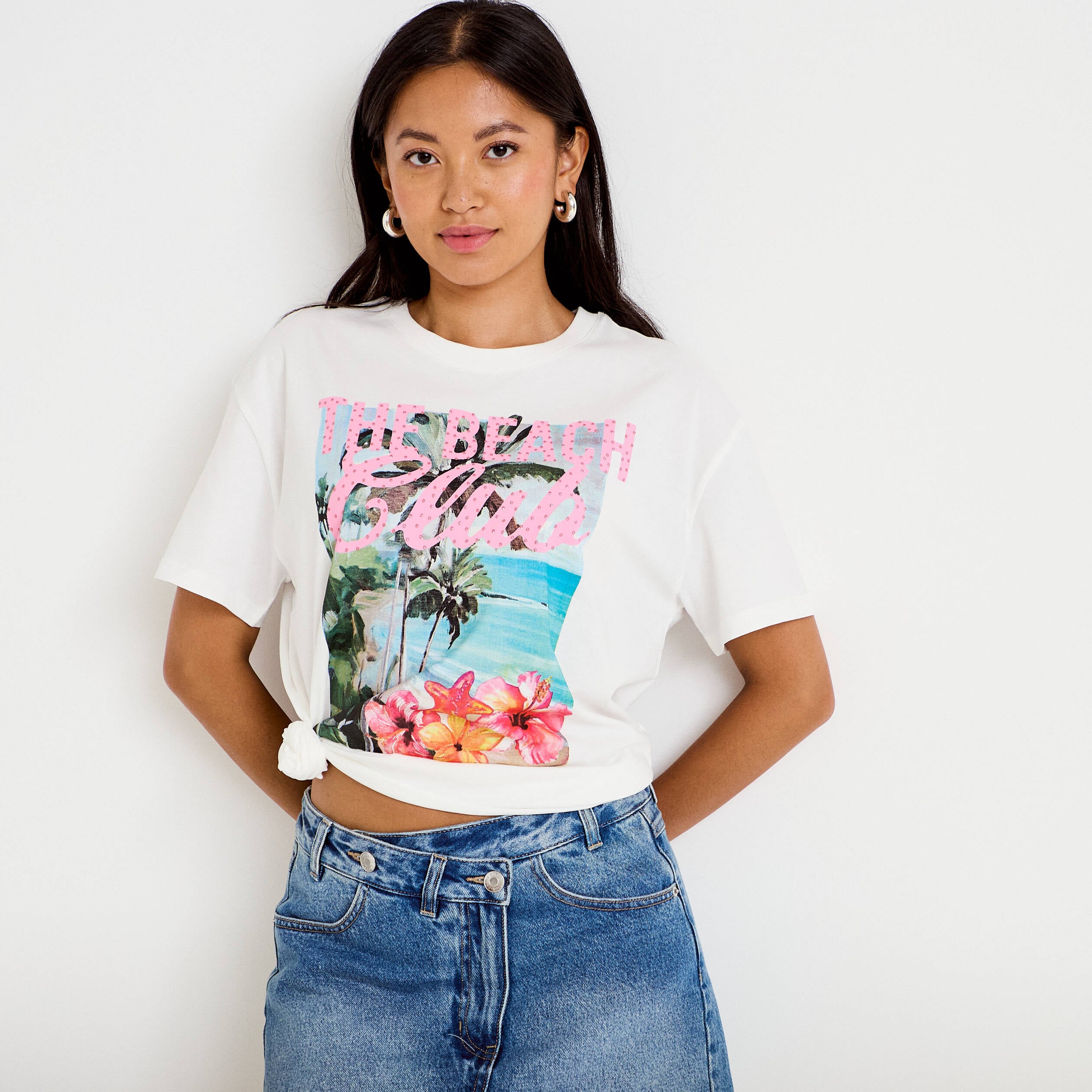 T-shirt col rond manches courtes ecru femme