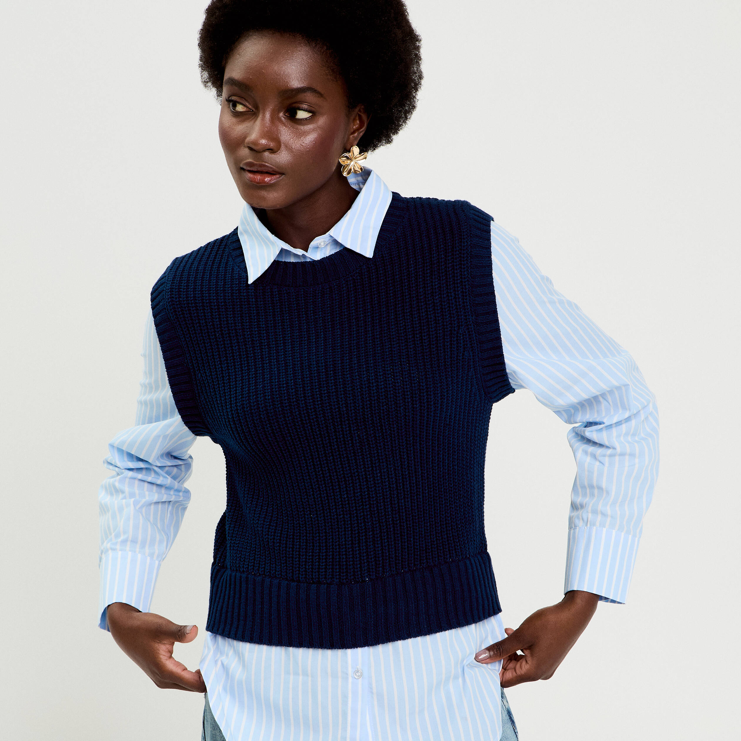 Pull chemise 2-en-1 bleu marine femme