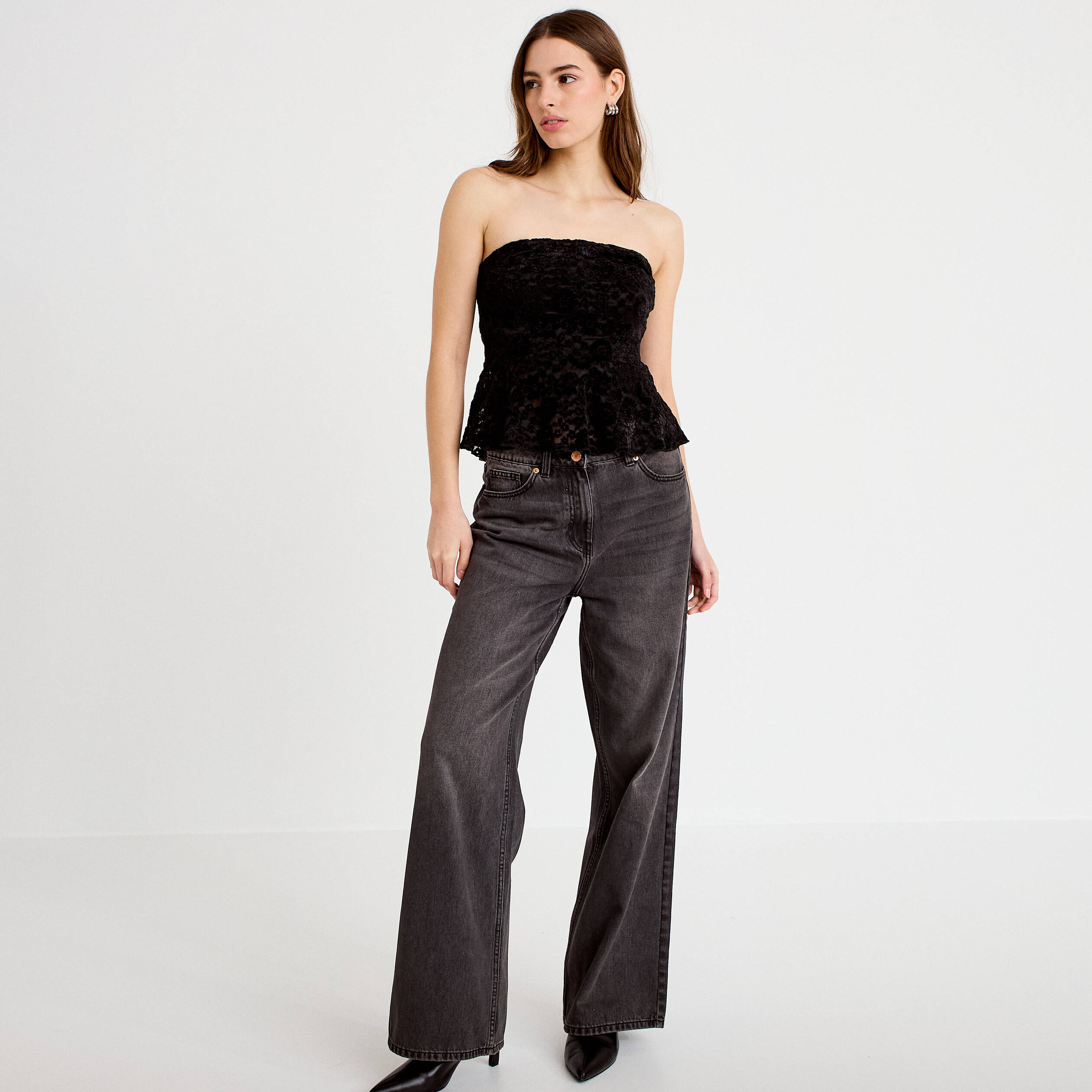 Top dentelle velours bretelles amovibles noir femme