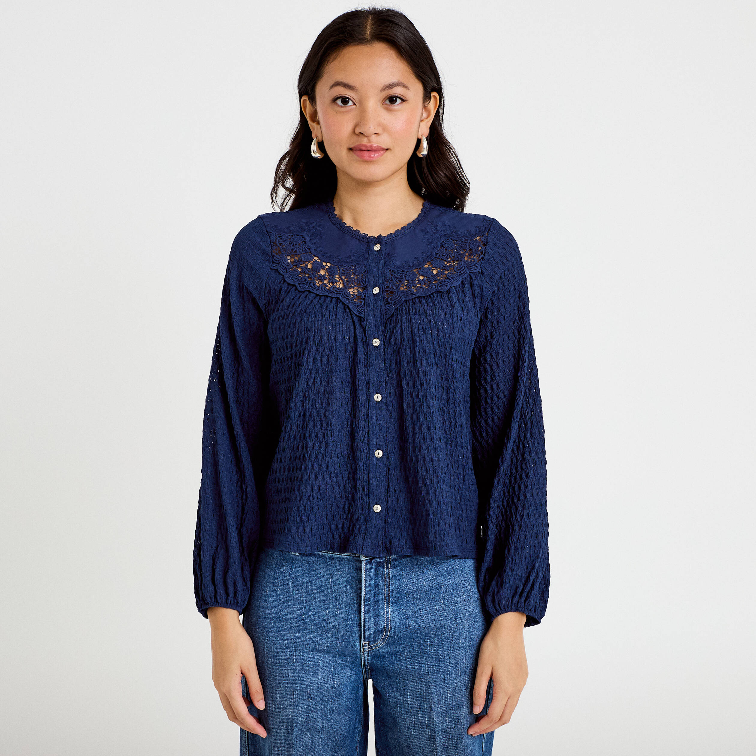 Blouse col rond manches longues bleu fonc&eacute; femme