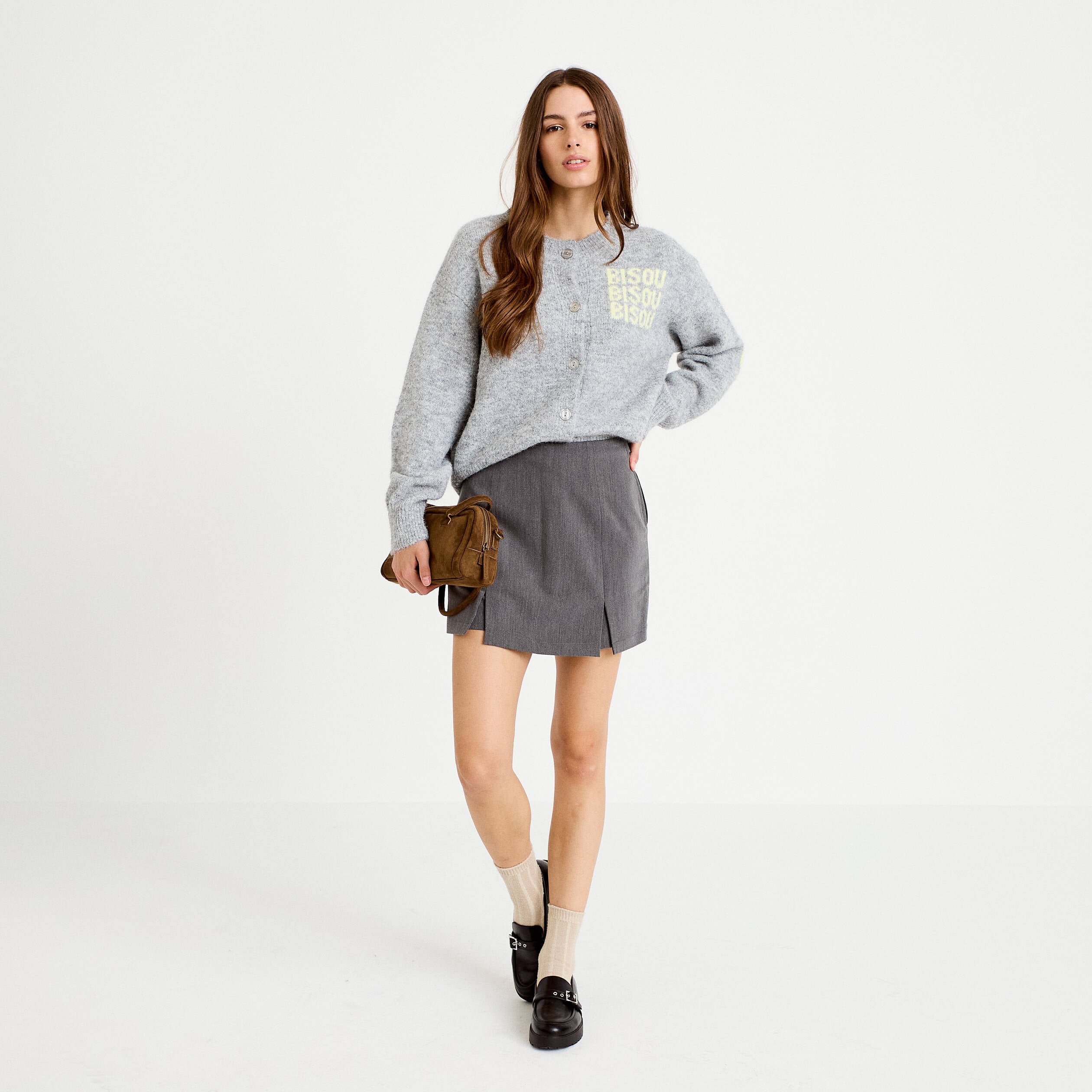 Jupe-short droite fentes gris clair femme