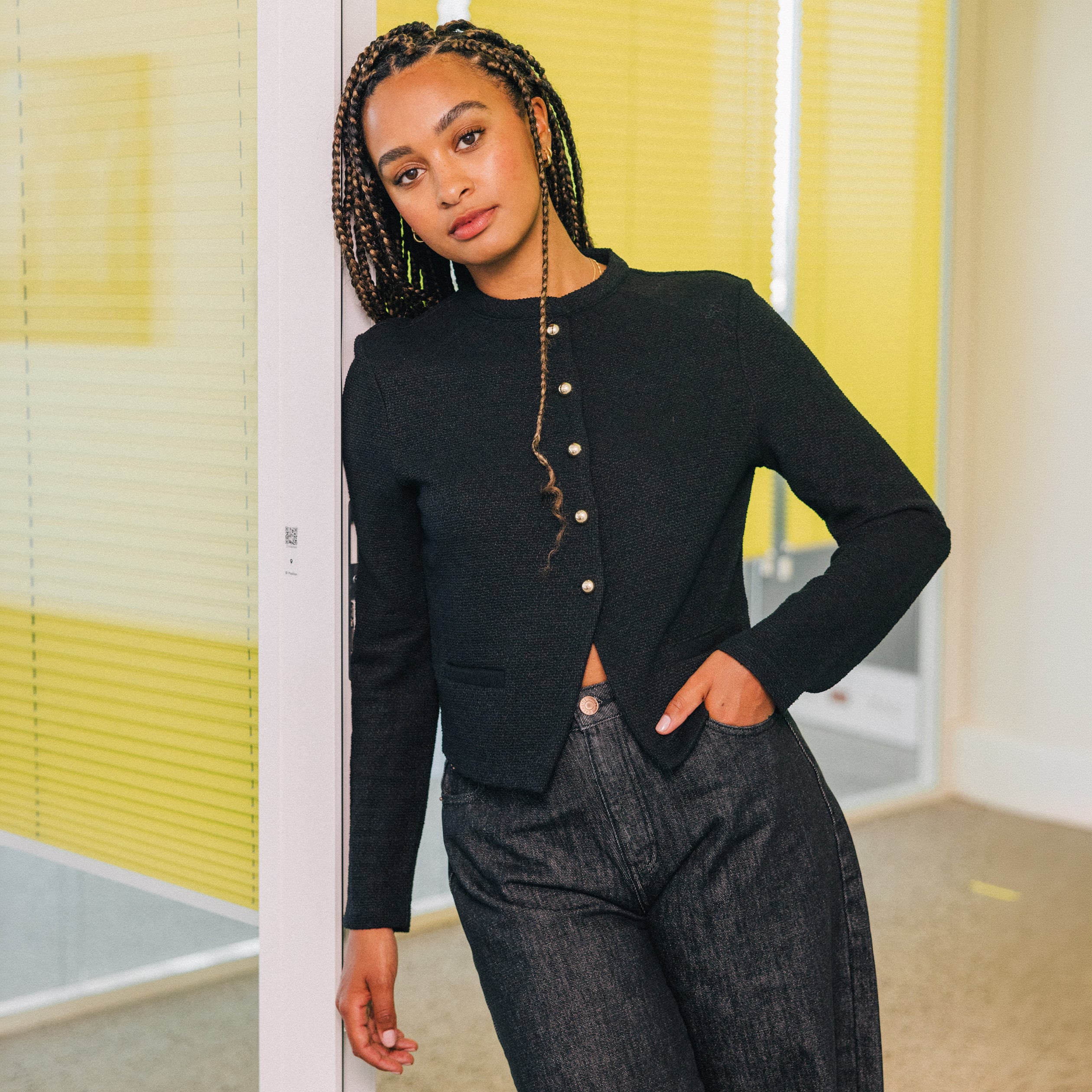 Veste tweed droite cropped col rond noir femme