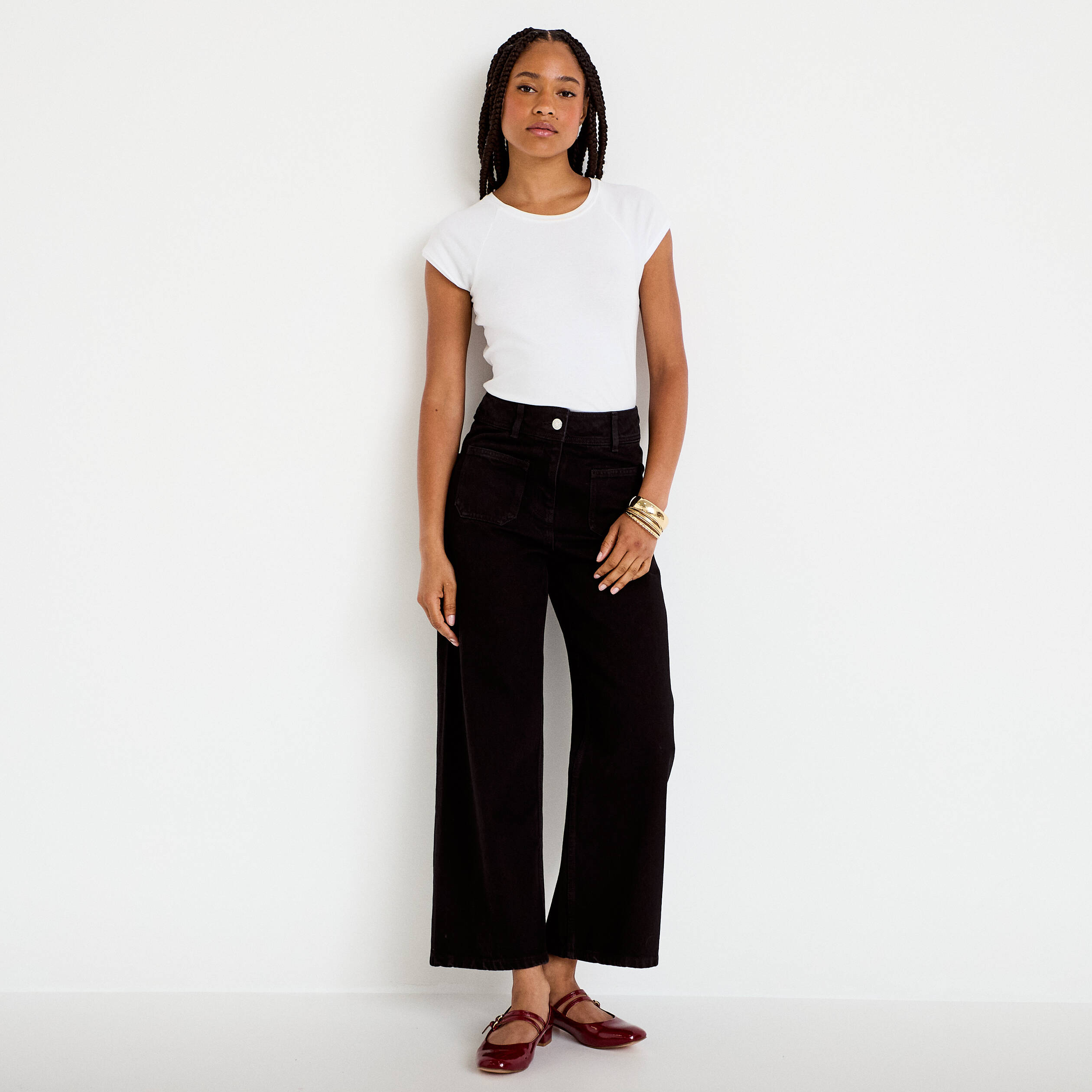 Jean wide leg cropped taille haute denim noir femme