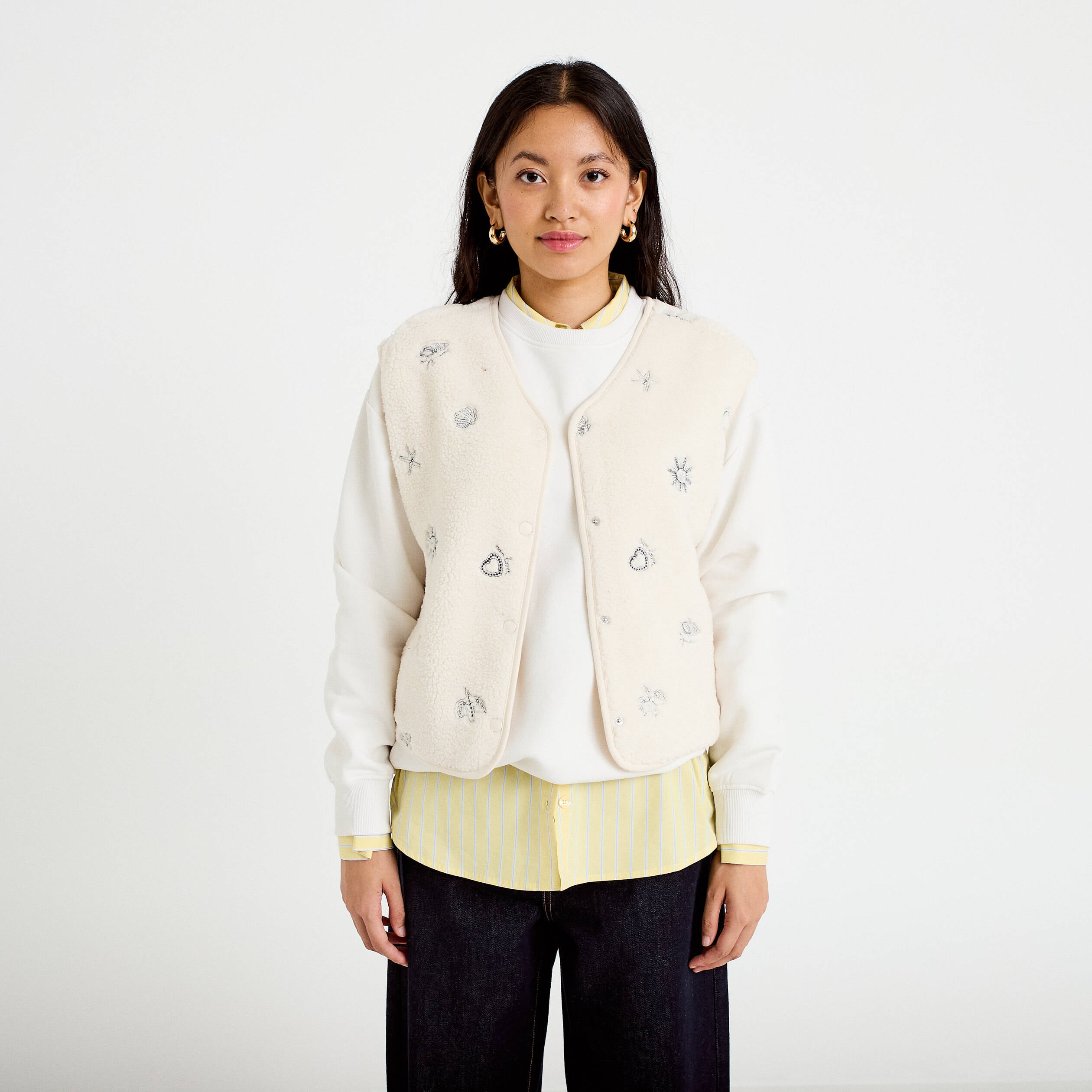 Gilet sans manches effet polaire col v ecru femme