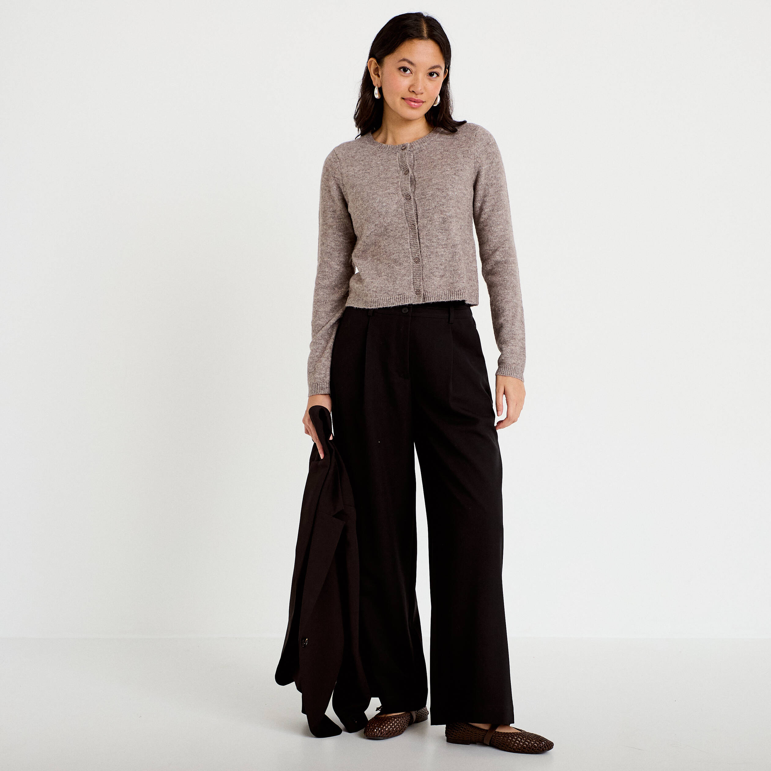 Pantalon large taille haute noir femme