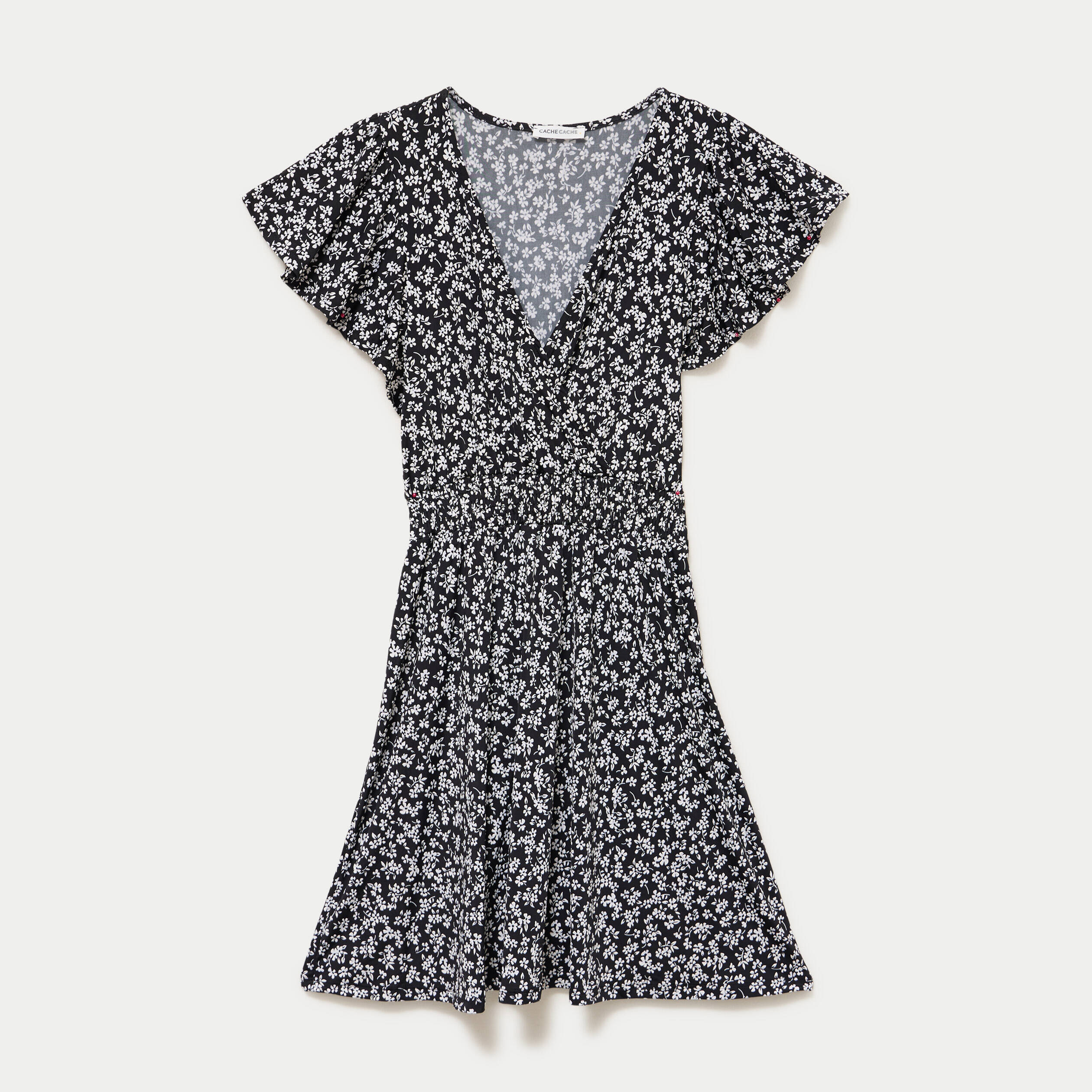 Robe courte &eacute;vas&eacute;e col v manches courtes noir femme