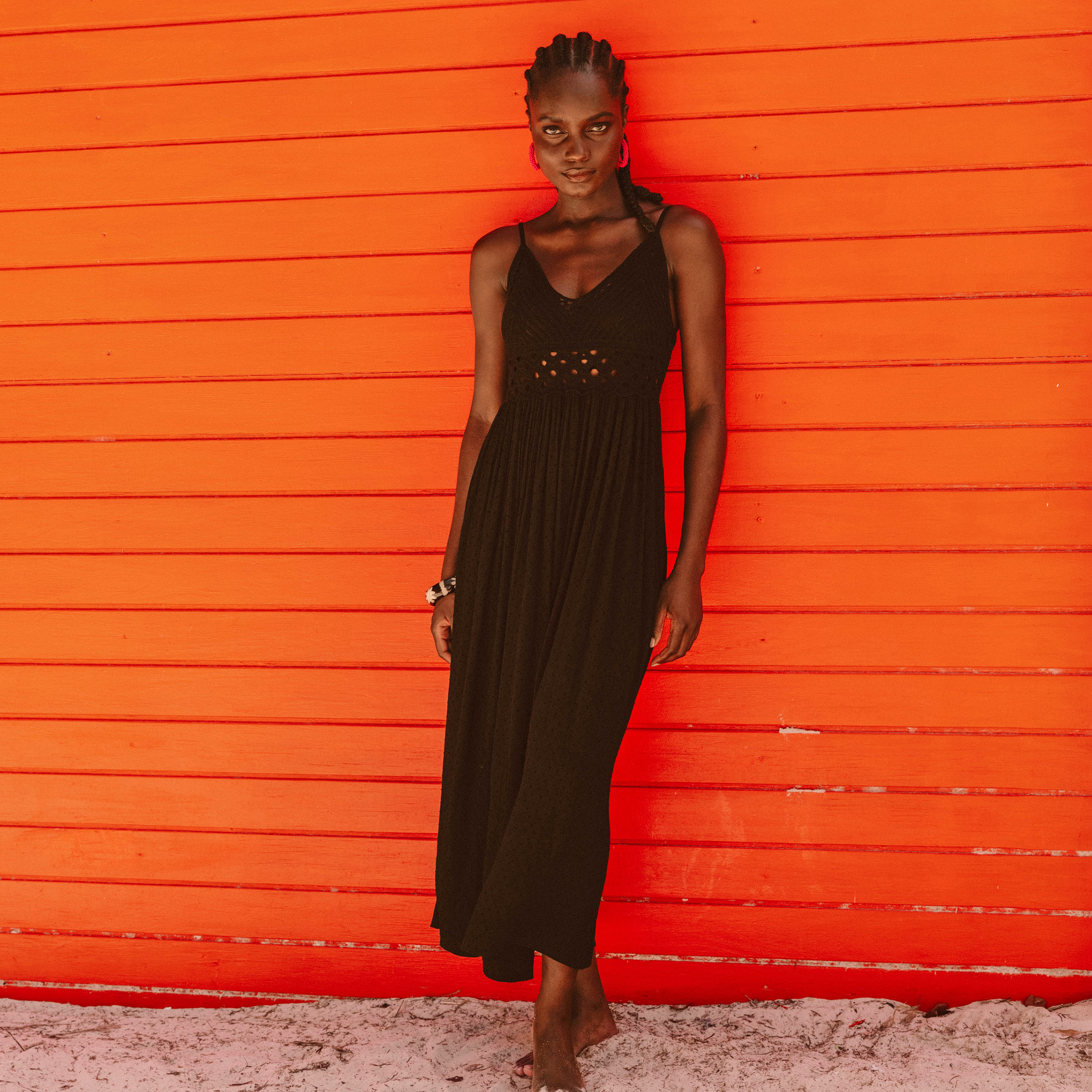 Robe longue bi-mati&egrave;re col v noir femme