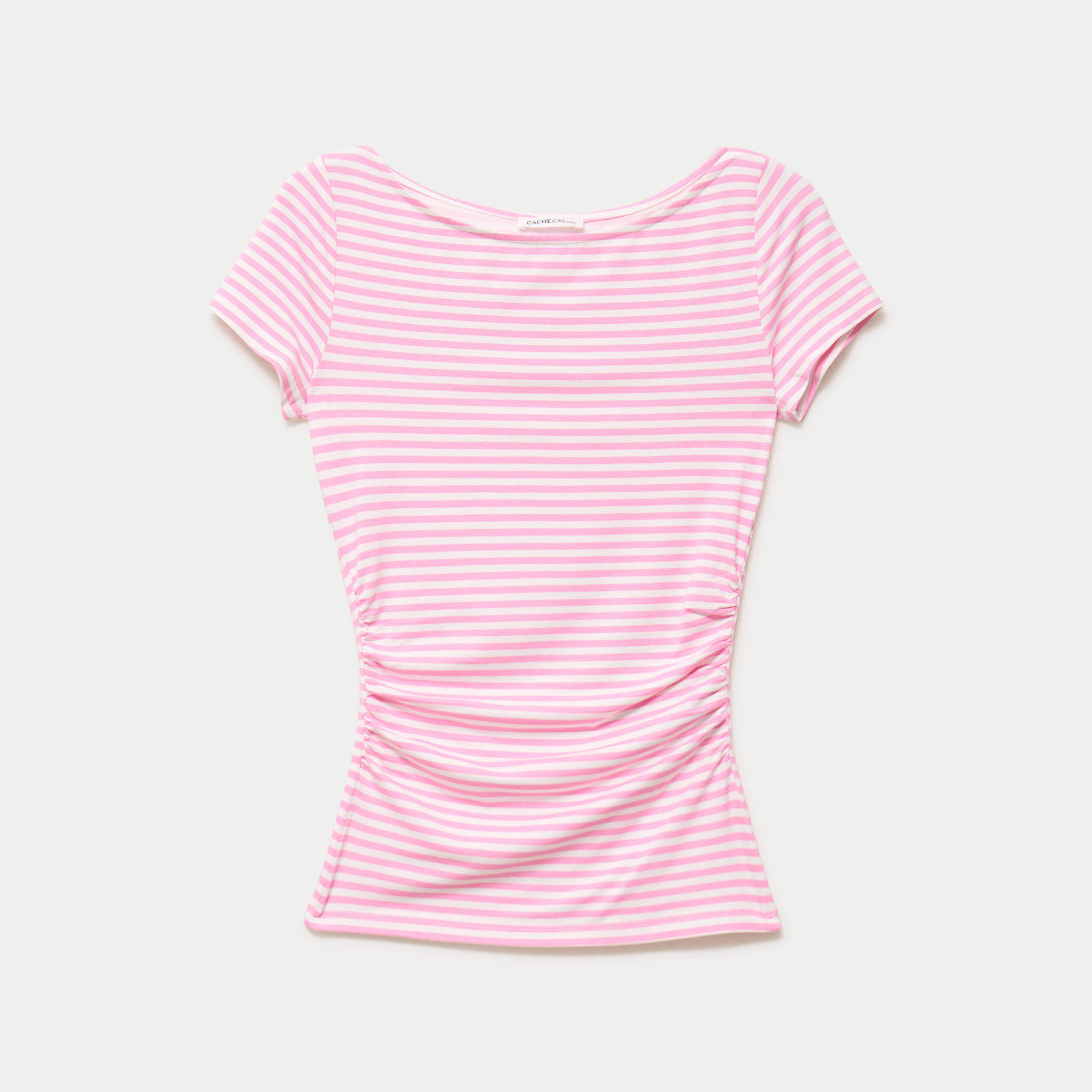 Top ajust&eacute; col bateau manches courtes rose clair femme