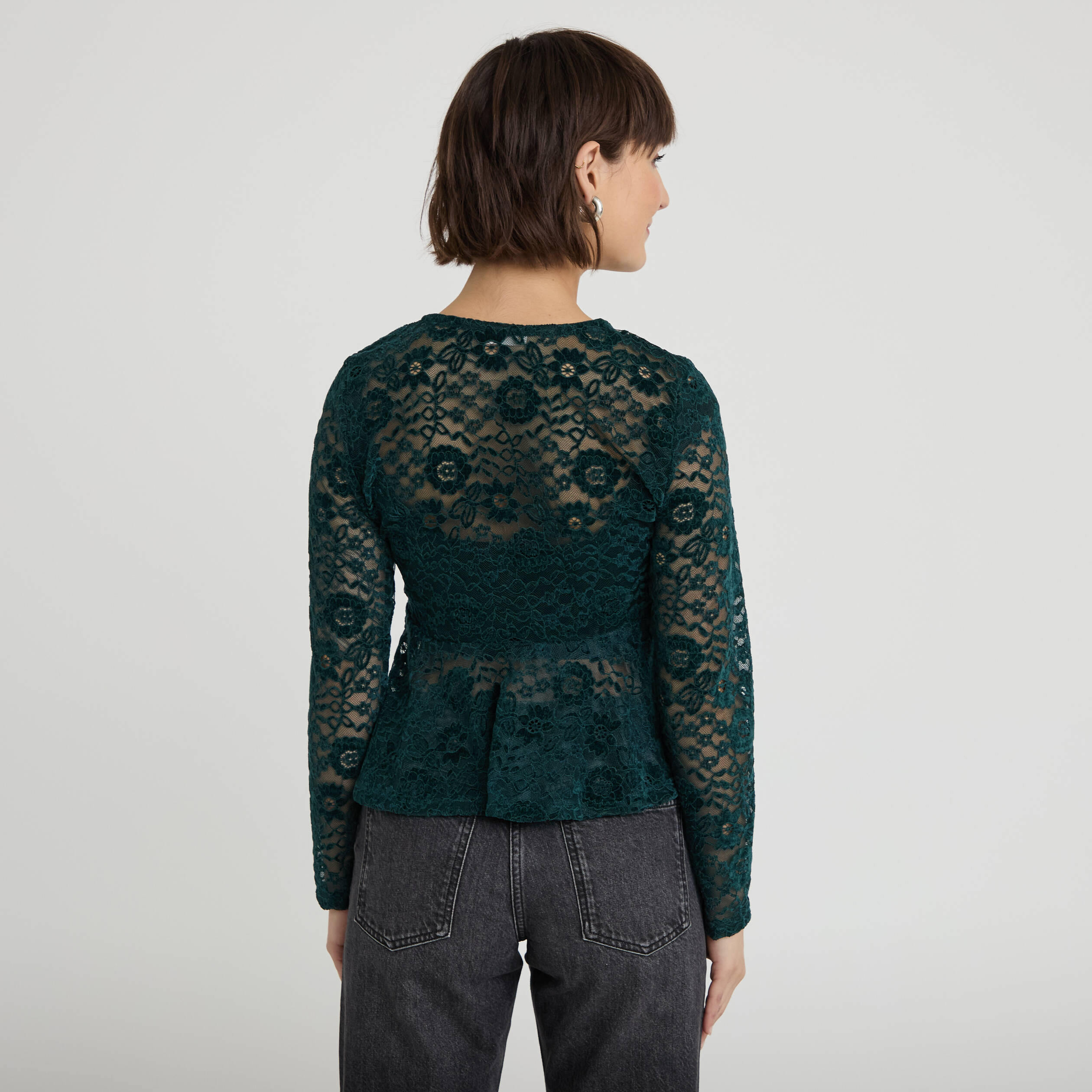 Blouse p&eacute;plum dentelle vert fonc&eacute; femme