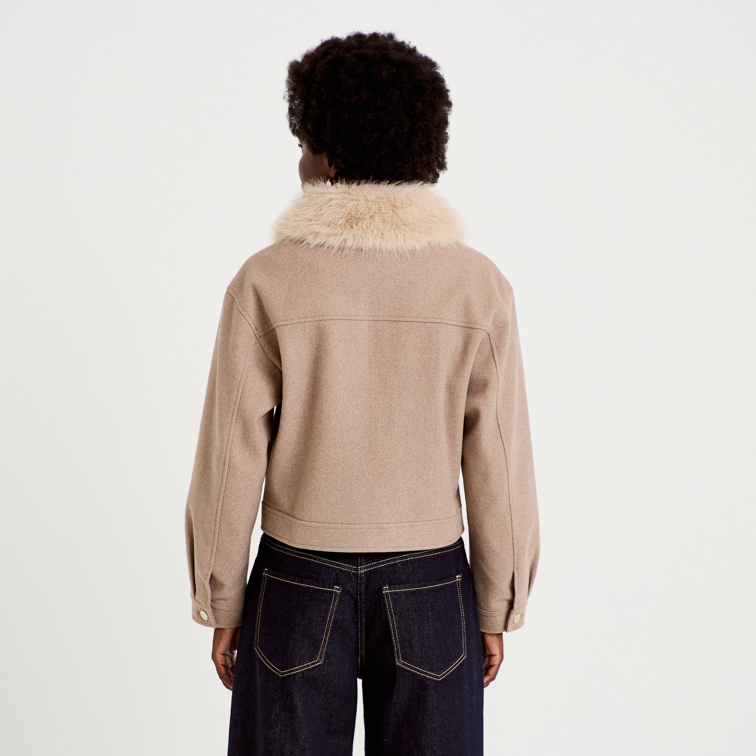 Veste droite cropped col tailleur taupe femme