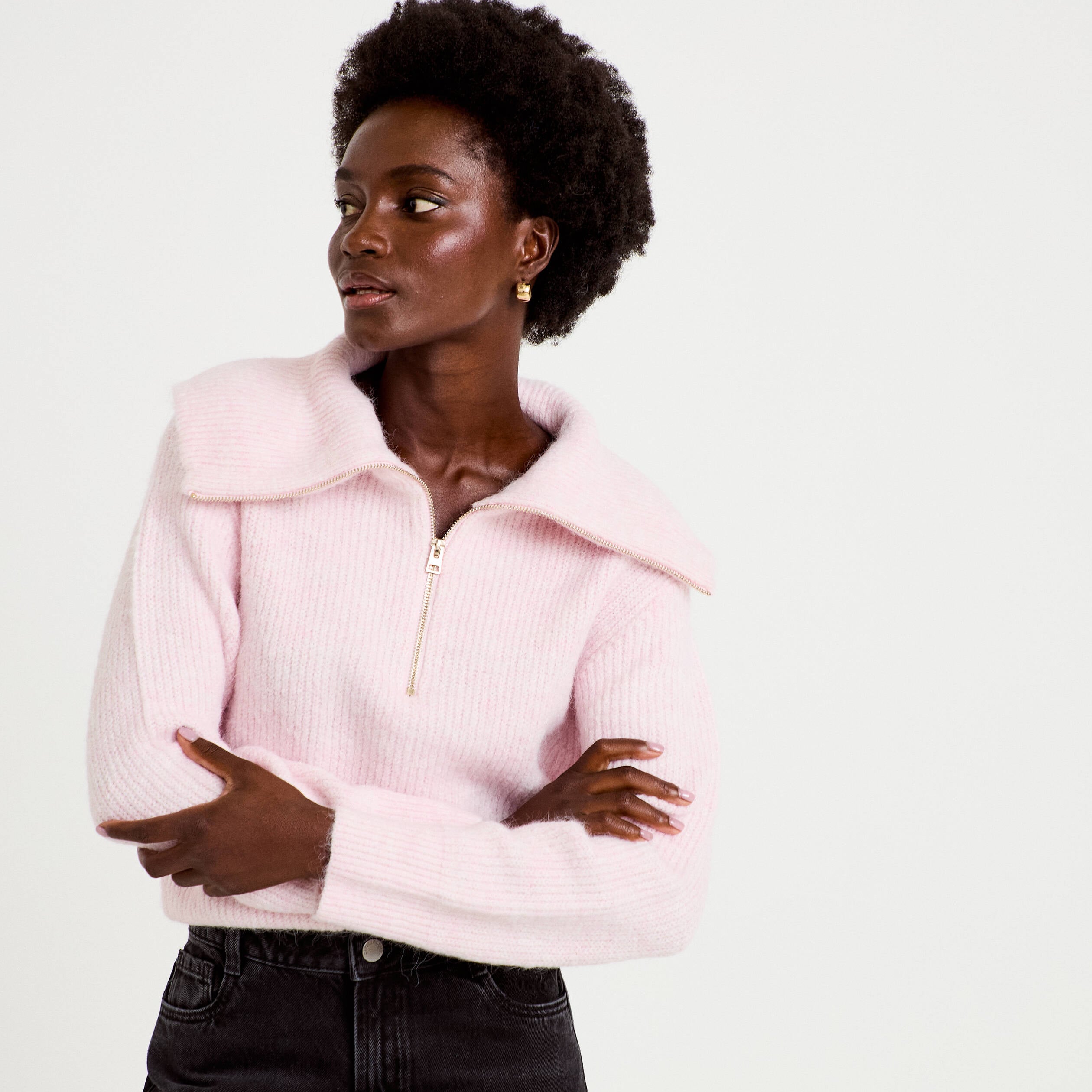 Pull col camionneur manches longues rose clair femme