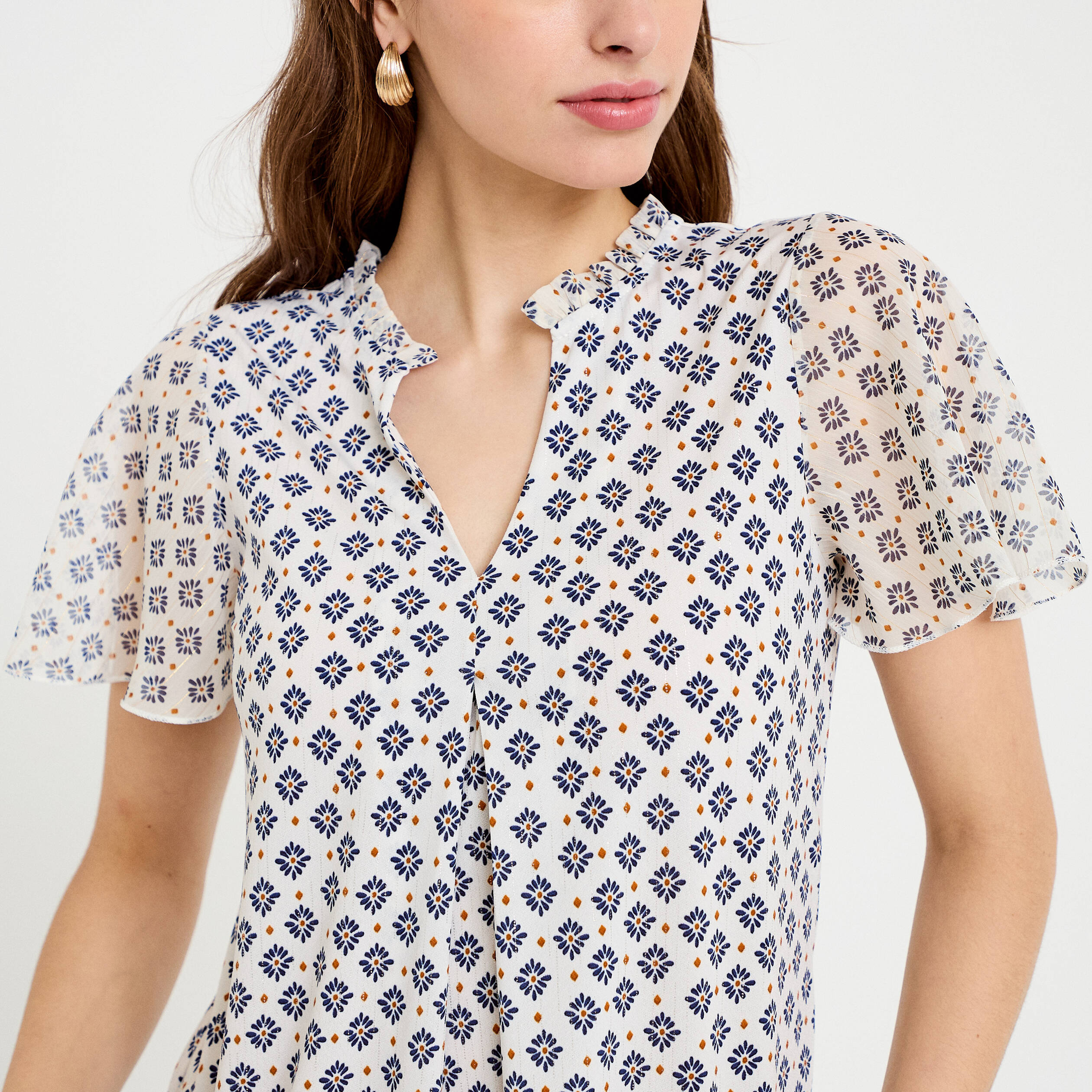 Blouse droite longue manches courtes bleu femme