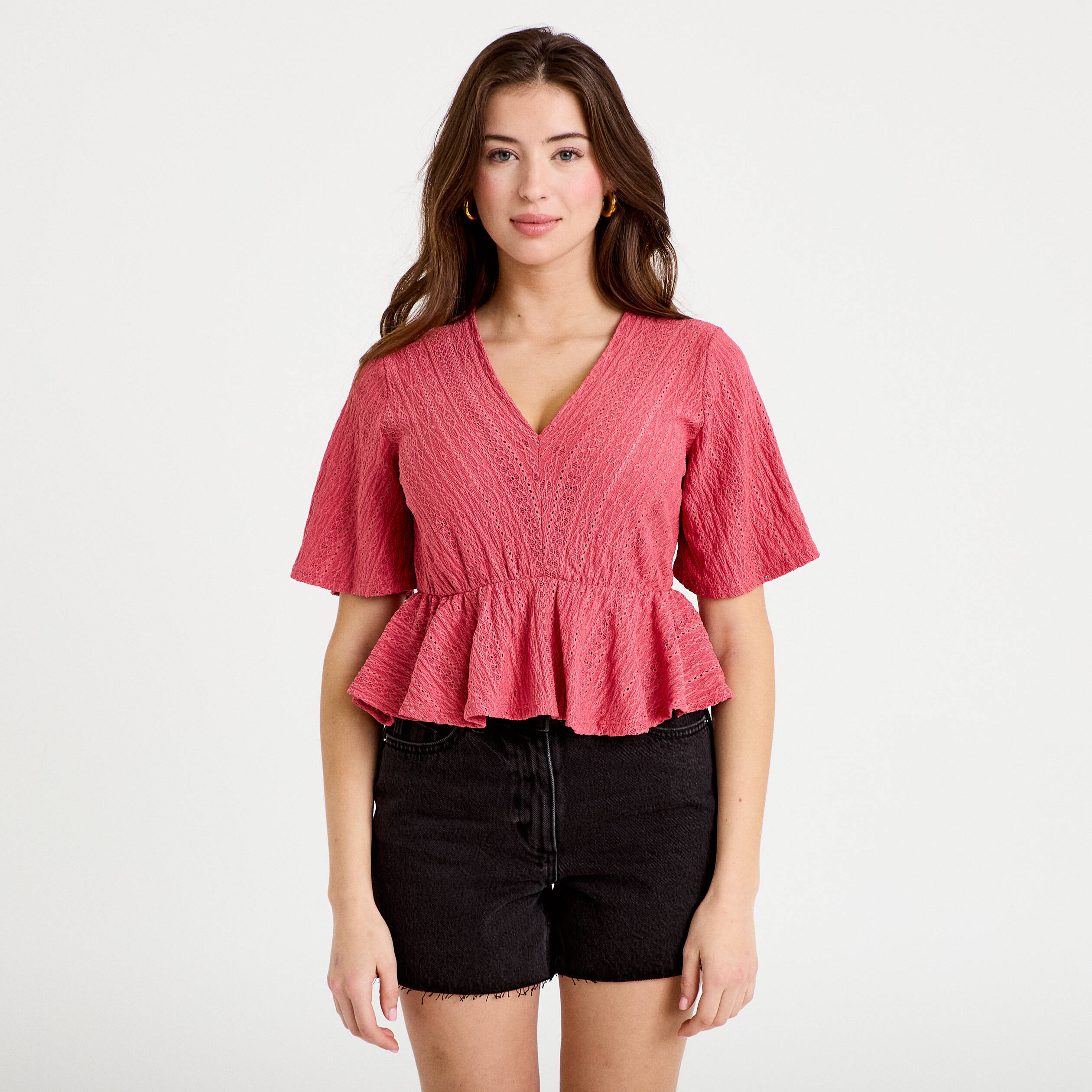 Blouse manches courtes rose framboise femme