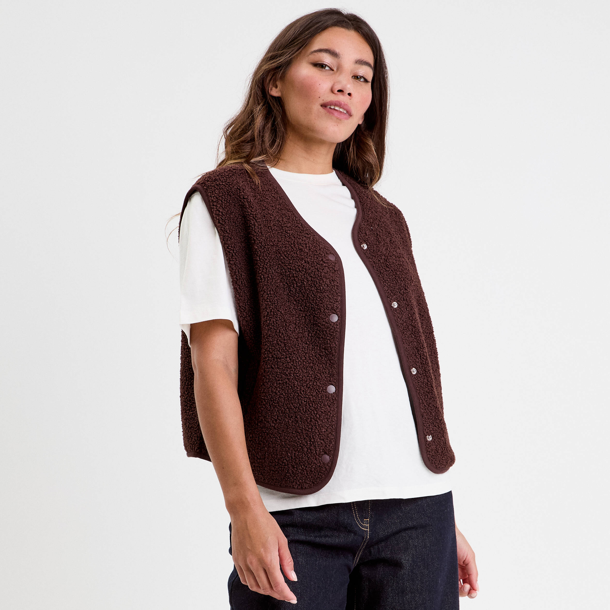 Gilet sans manches effet polaire marron fonc&eacute; femme