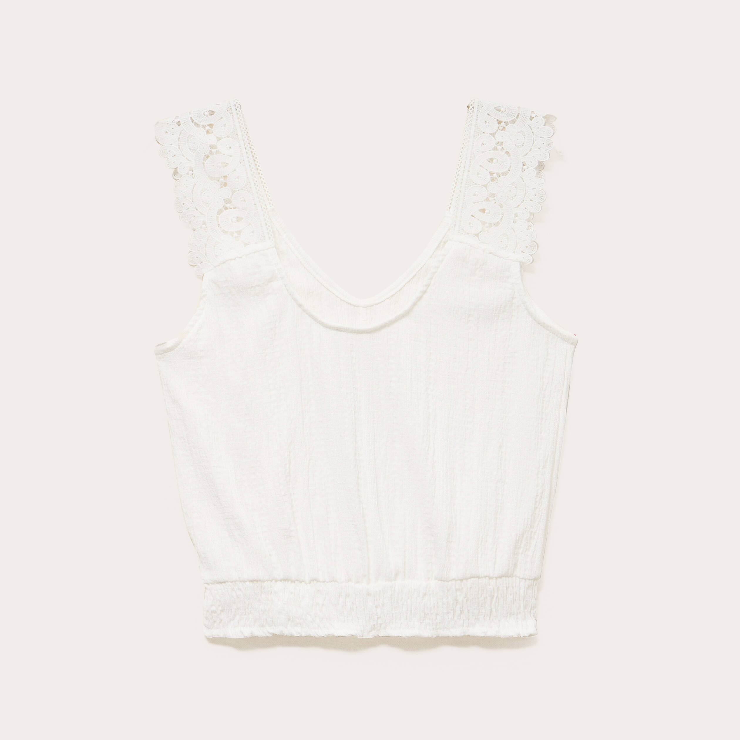 Top droit court sans manches en dentelle ecru femme