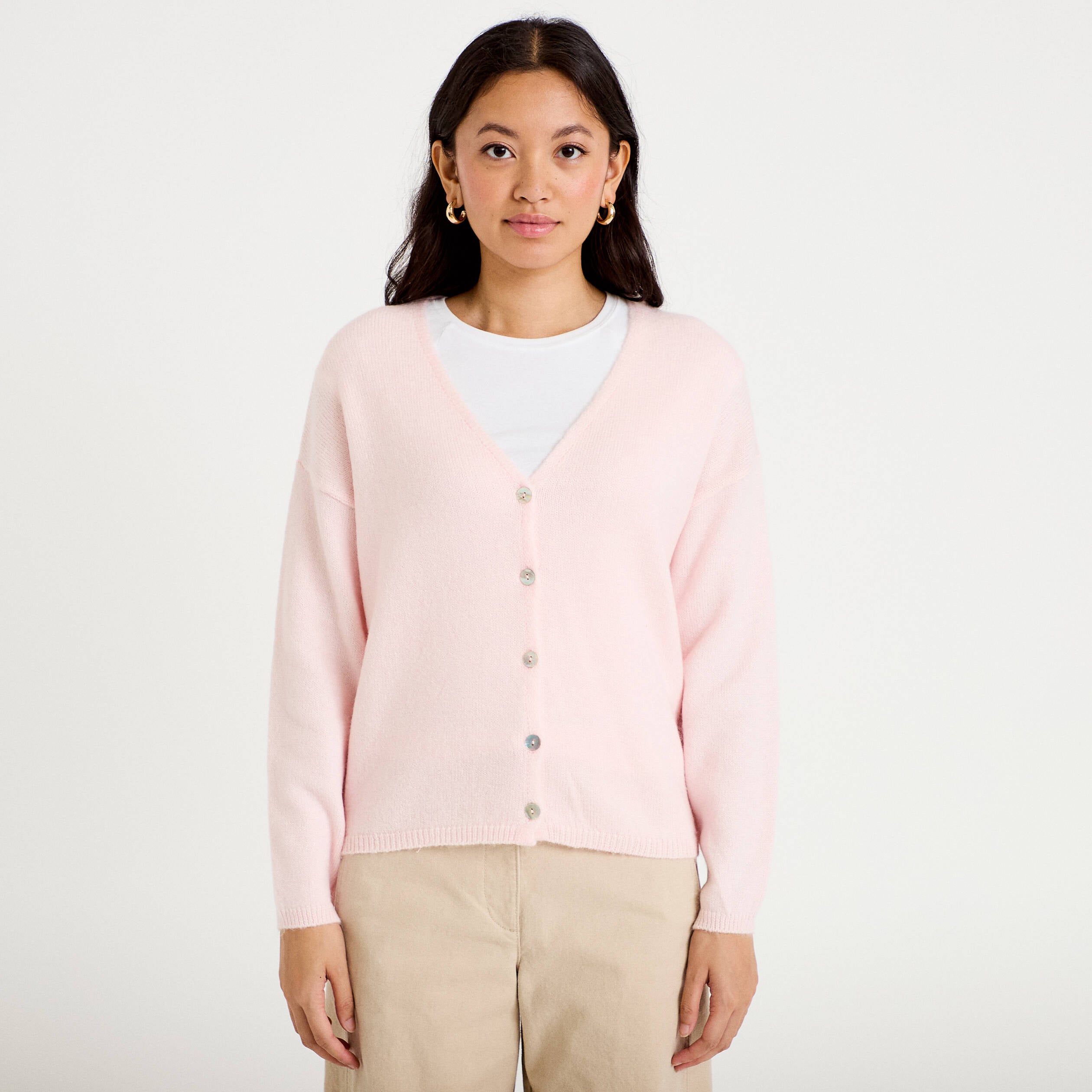 Gilet boutonn&eacute; avec col en V rose clair femme