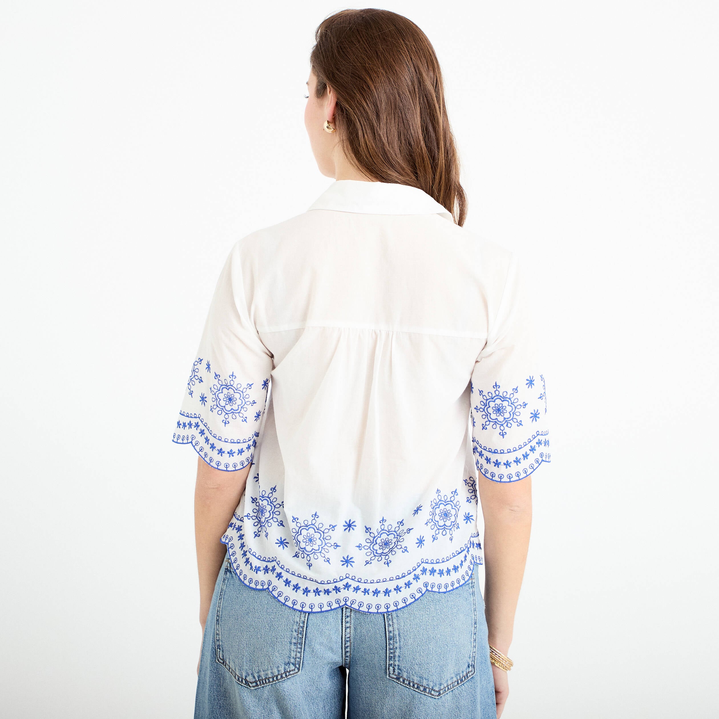 Chemise brod&eacute;e manches courtes ecru femme
