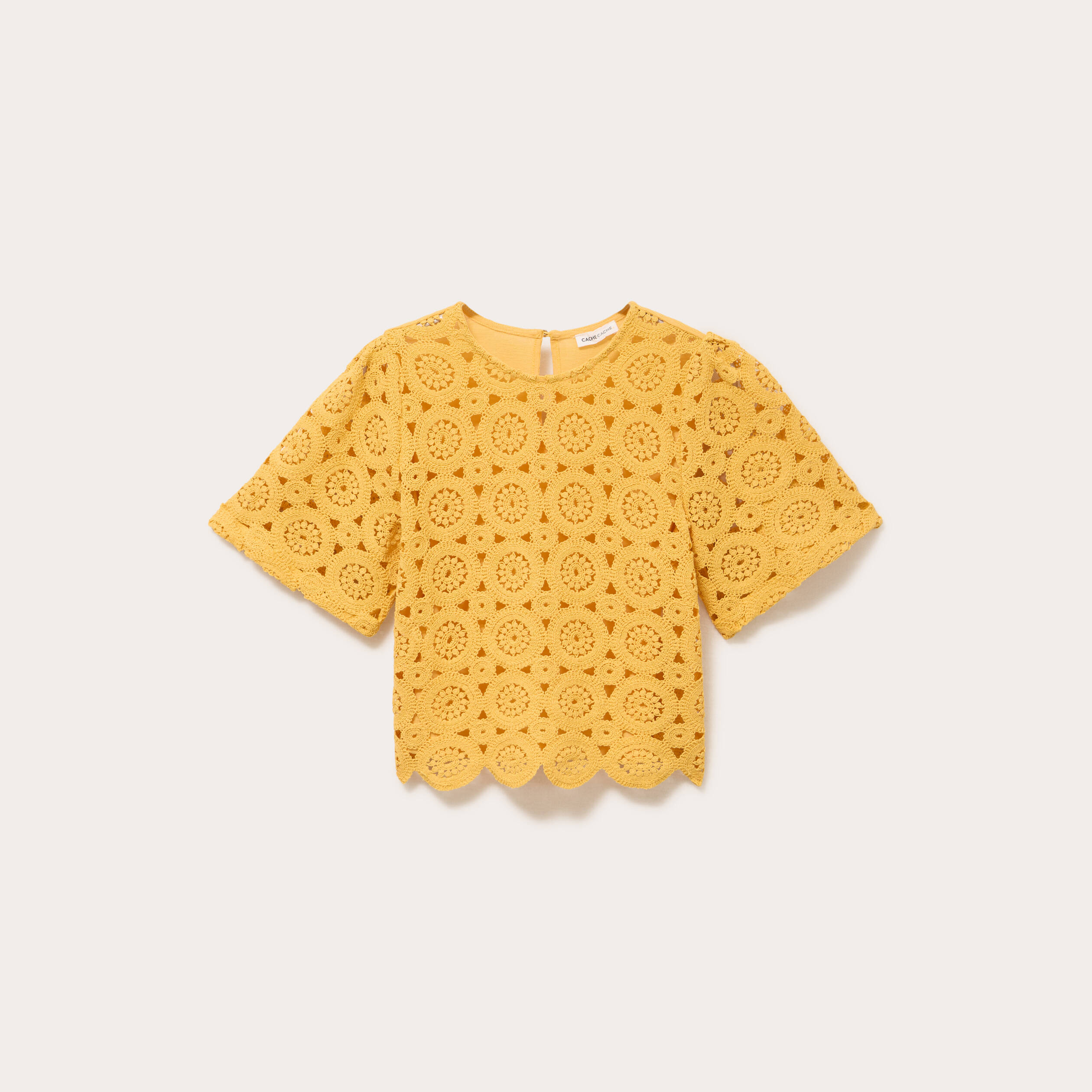 T-shirt macram&eacute; col rond jaune femme