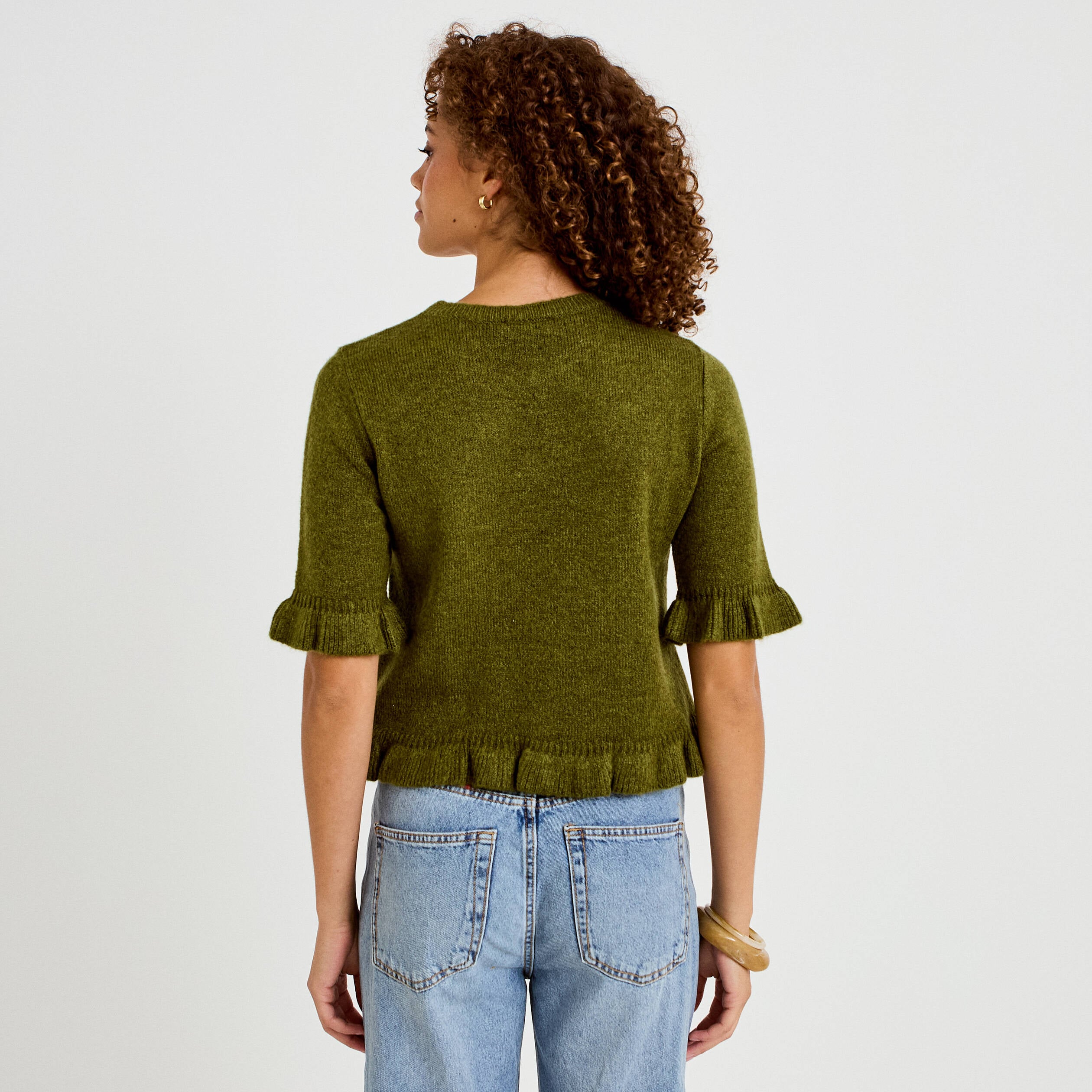 Pull col rond manches courtes vert fonc&eacute; femme
