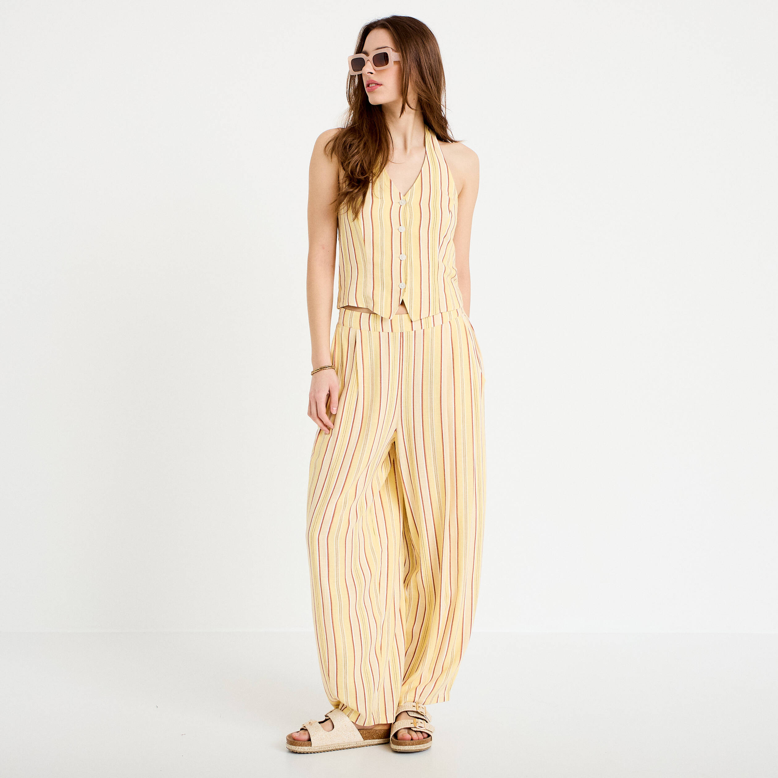 Pantalon large fluide jaune paille femme