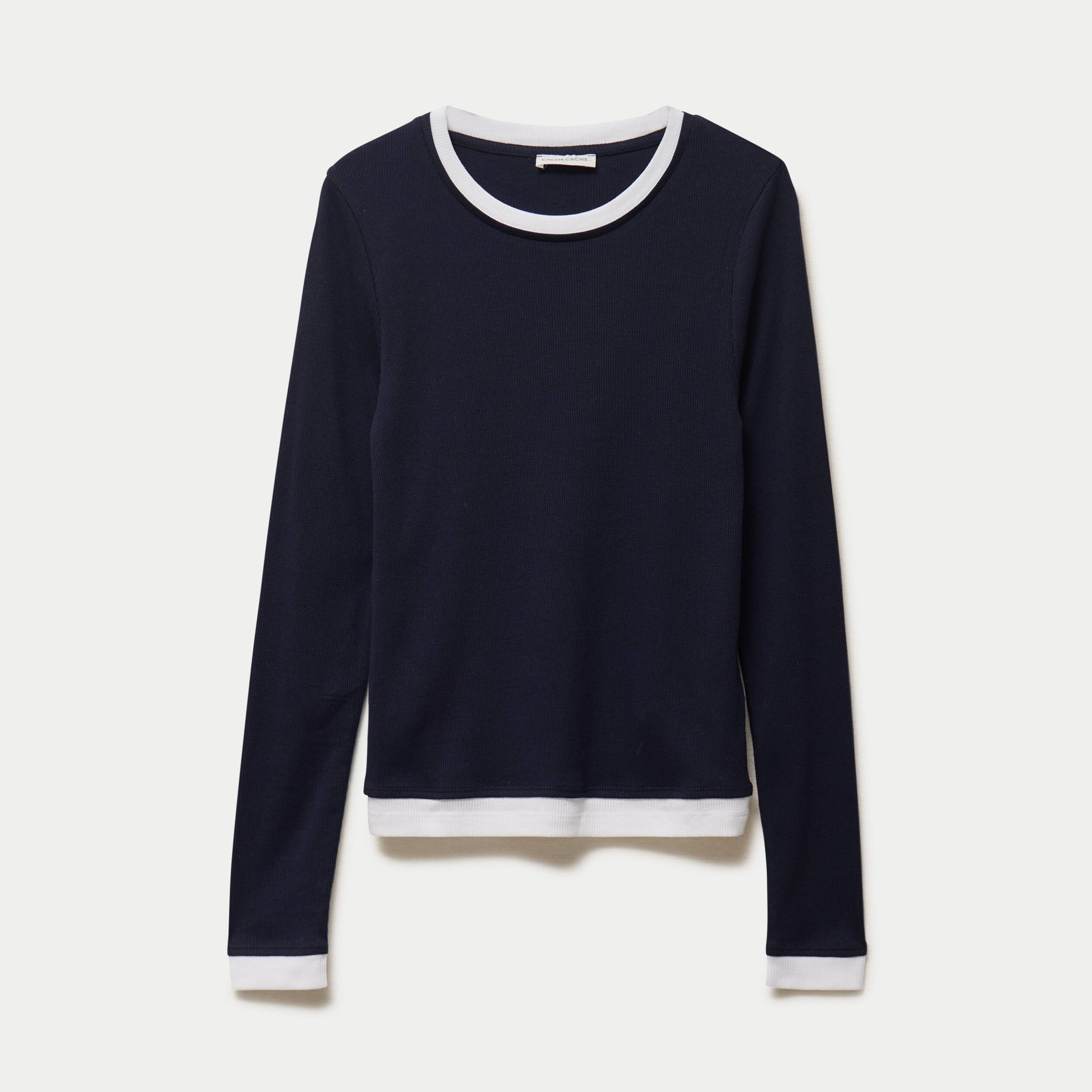 T-shirt 2-en-1 col rond manches longues bleu marine femme